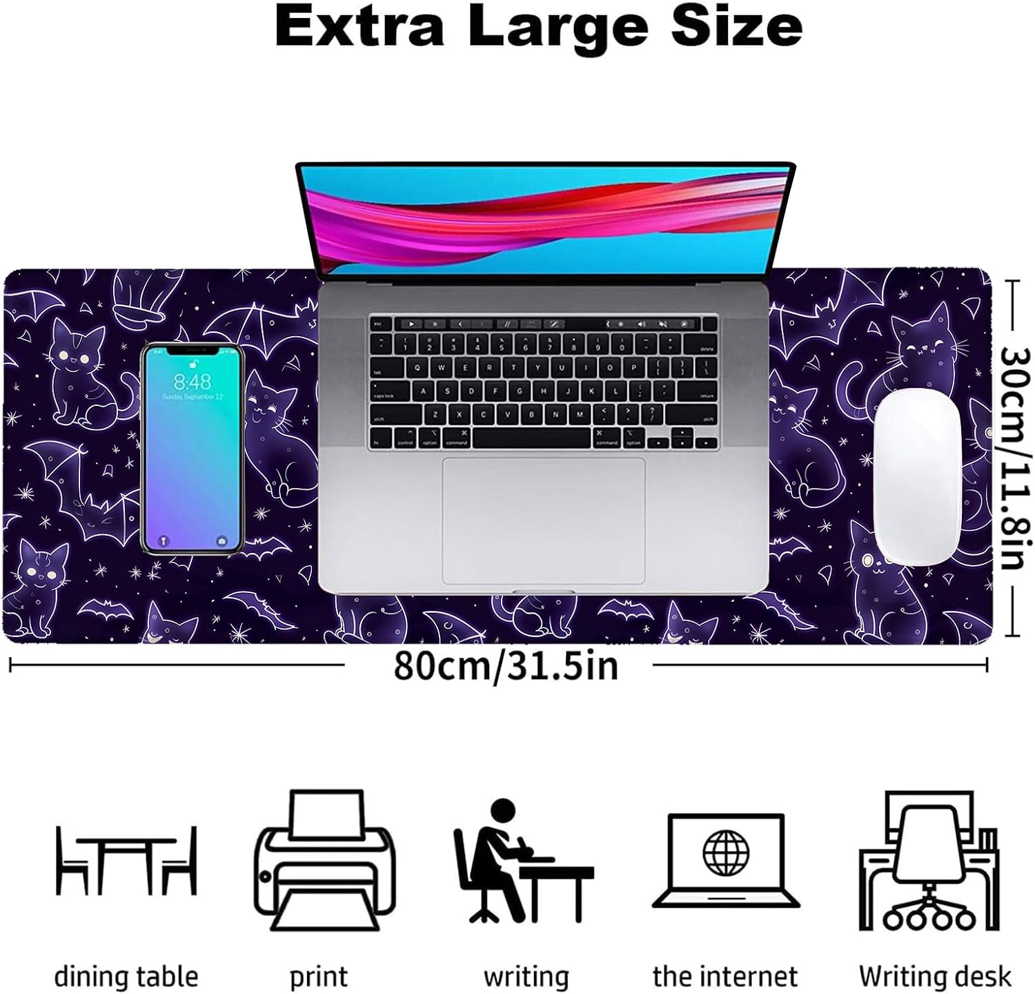 Black Cat Bat Gaming Mouse Pad, Office Desk Mat, Anti-Slip Rubber Base Cool Aesthetic Mouse Pads for Computer Laptop Keyboard School Home Desktop Gamer Home Accessories Decor 31.5" x 11.8"