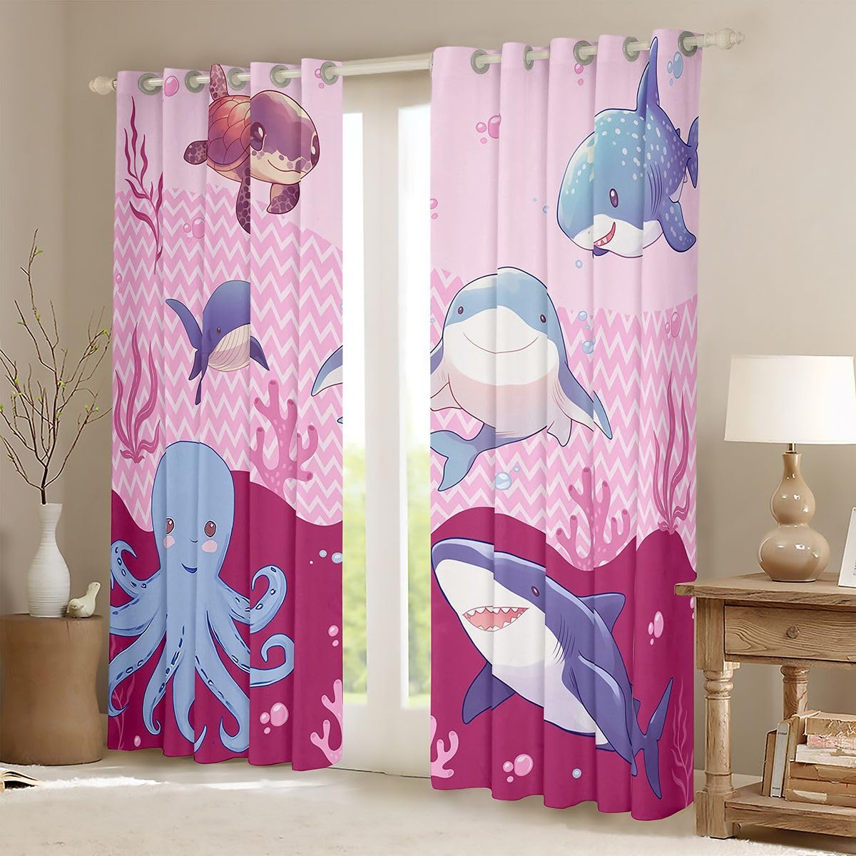 Homemissing Tende oscuranti con motivo di squalo, per camera da letto, soggiorno, oceano, animali marini, tartarughe marine, 2 pannelli, 132 cm di larghezza x 160 cm
