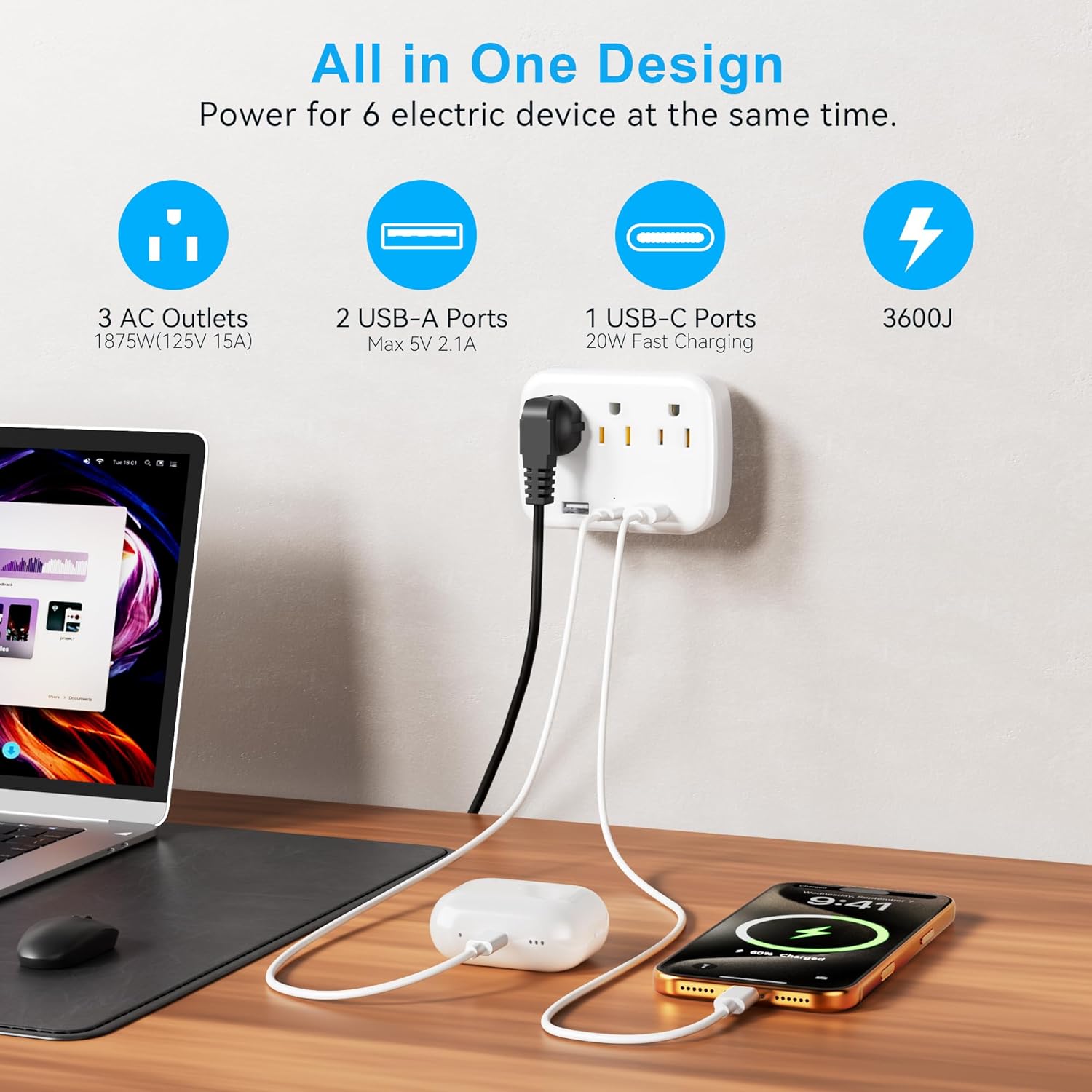 Multi Plug Outlet Extender 2 Pack - Surge Protector Wall Plug Splitter with 3 Electrical Outlets 3 USB Ports(1 PD 20W USB-C Charger),Multiple Plug Adapter for Travel/Dorm/Office/Bedroom