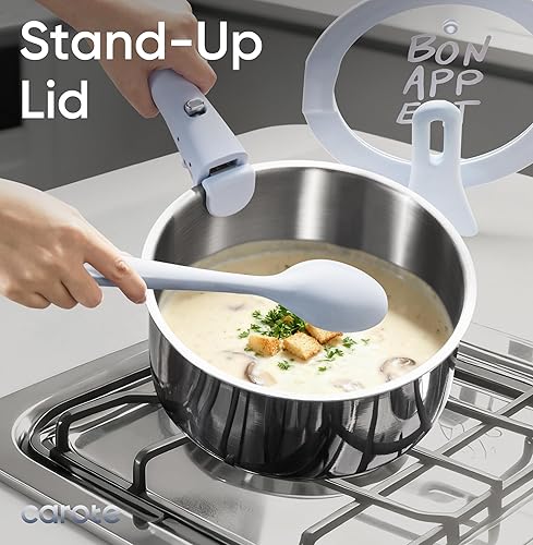 Miniatura 3 de CAROTE Sartén de acero inoxidable de 3 cuartos con tapa de pie, olla de acero inoxidable de tres capas con mango desmontable que se mantiene fresco,