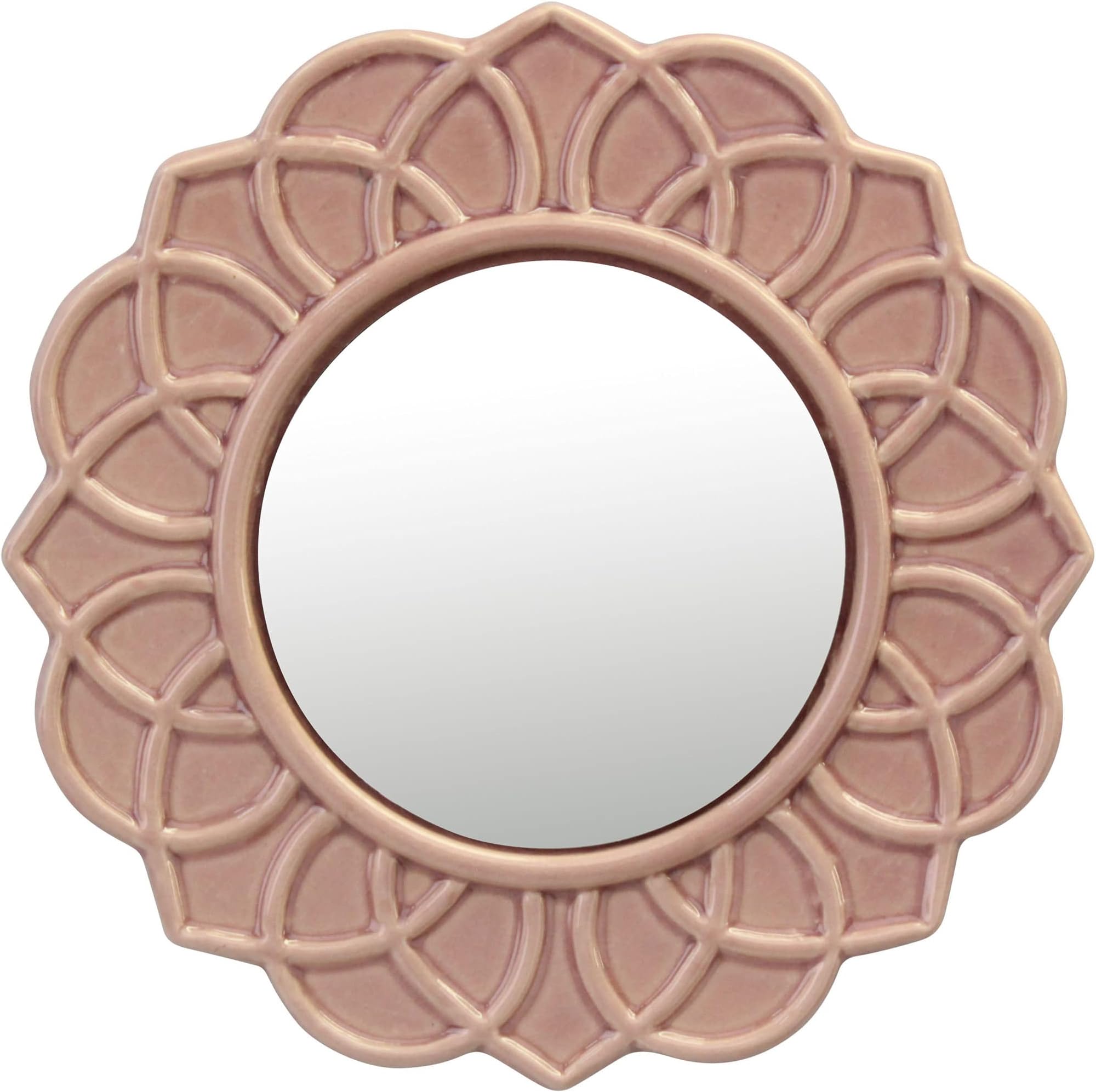 Stonebriar Decorative 9" Pale Pink Round Floral Ceramic Accent Wall Mirror with Attached Hanging Loop, Decorative Decor for The Living Room, Bedroom, Bathroom, Hallway, and Entryway