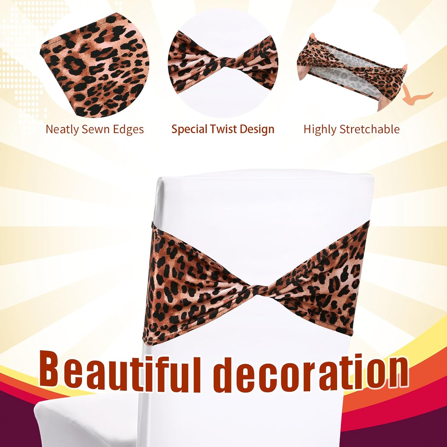 Newwiee 24 Pcs Spandex Chair Bands Animal Print Elastic Chair Sashes Bow Polyester Chair Cover Bands Ties Without Buckle for Animal Safari Jungle Theme Party Birthday Decor (Leopard Print)