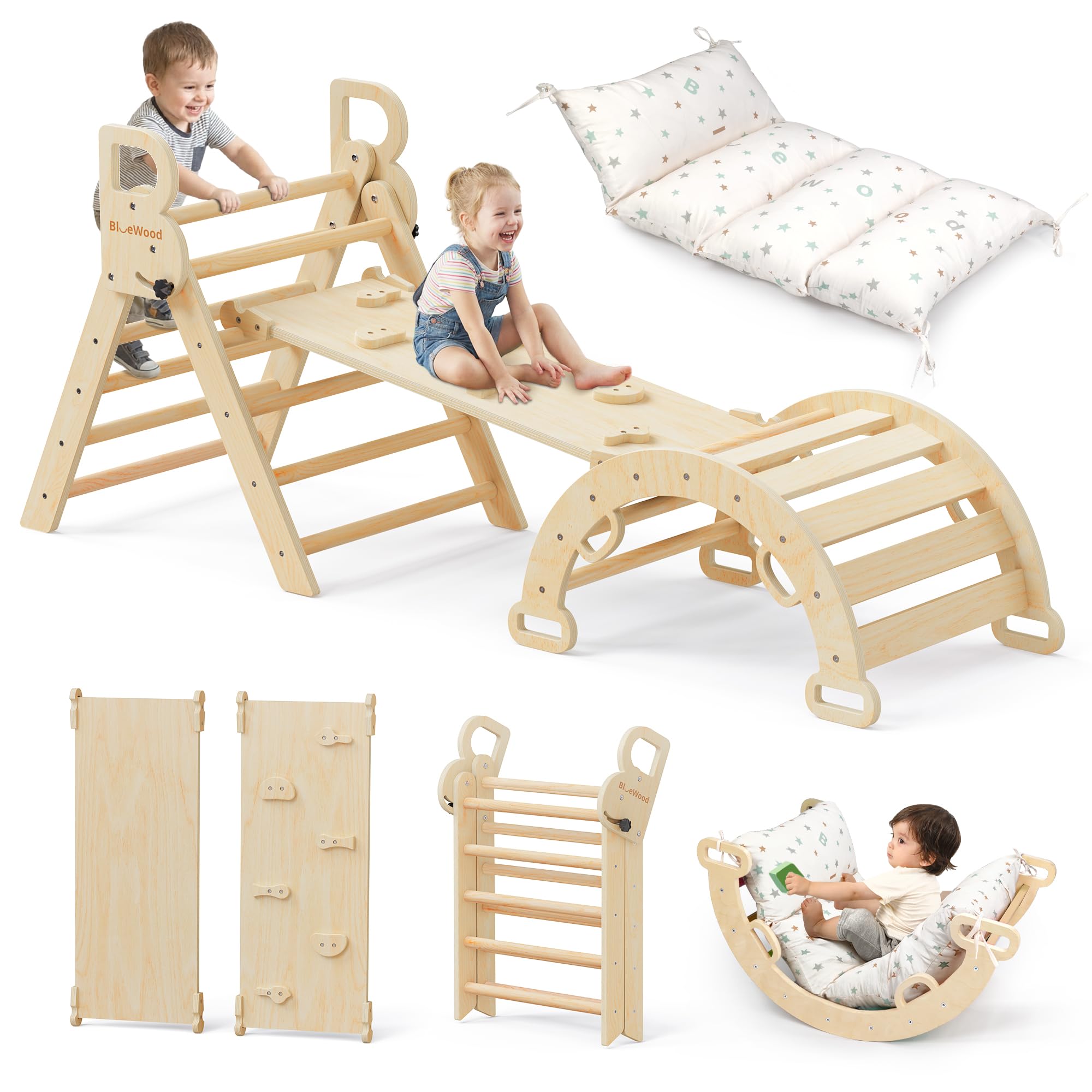 bluewood pikler triangle set with cushion, 8-in-1 climbing toys for toddlers, montessori philosophy play jungle gym with arch, ramp, ladder(natural wood)