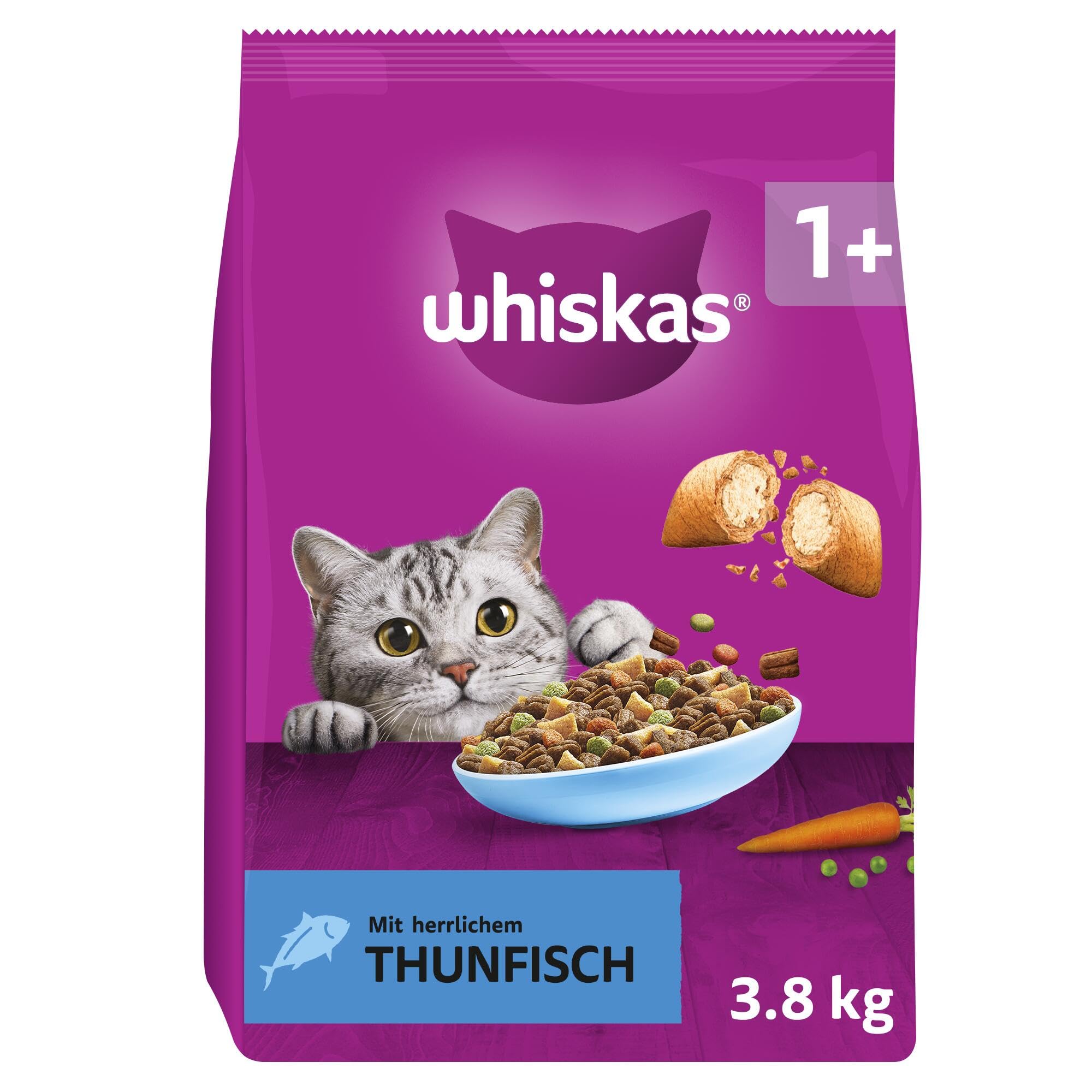 WHISKAS Trockenfutter für ausgewachsene Katzen 3 x 3,8kg mit Thunfisch