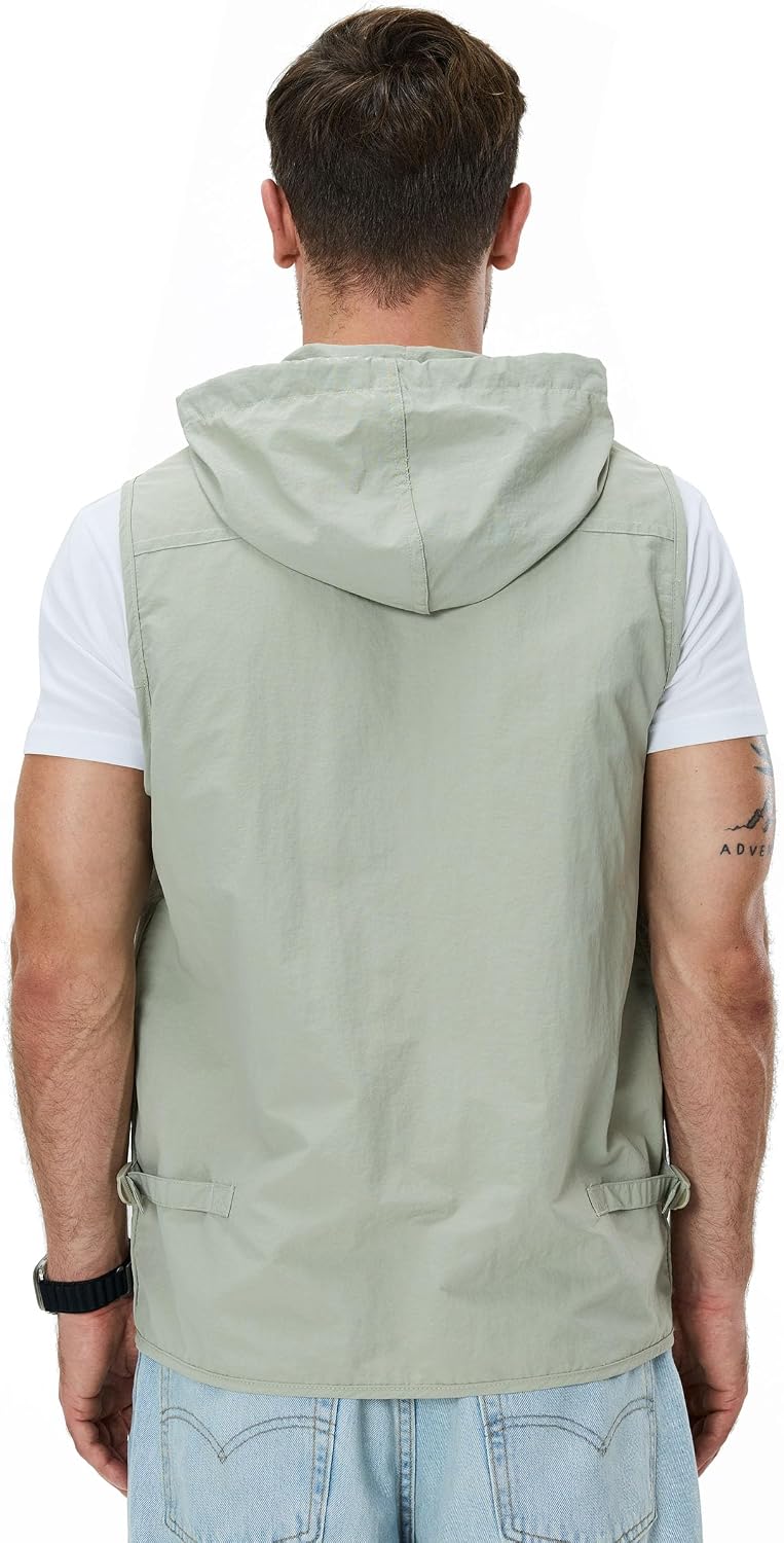 Men's Zipper Multi Pockets Hooded Vest Outdoor Travel Fishing Hiking Safari Hunting Photo Utility Work Cargo Vests
