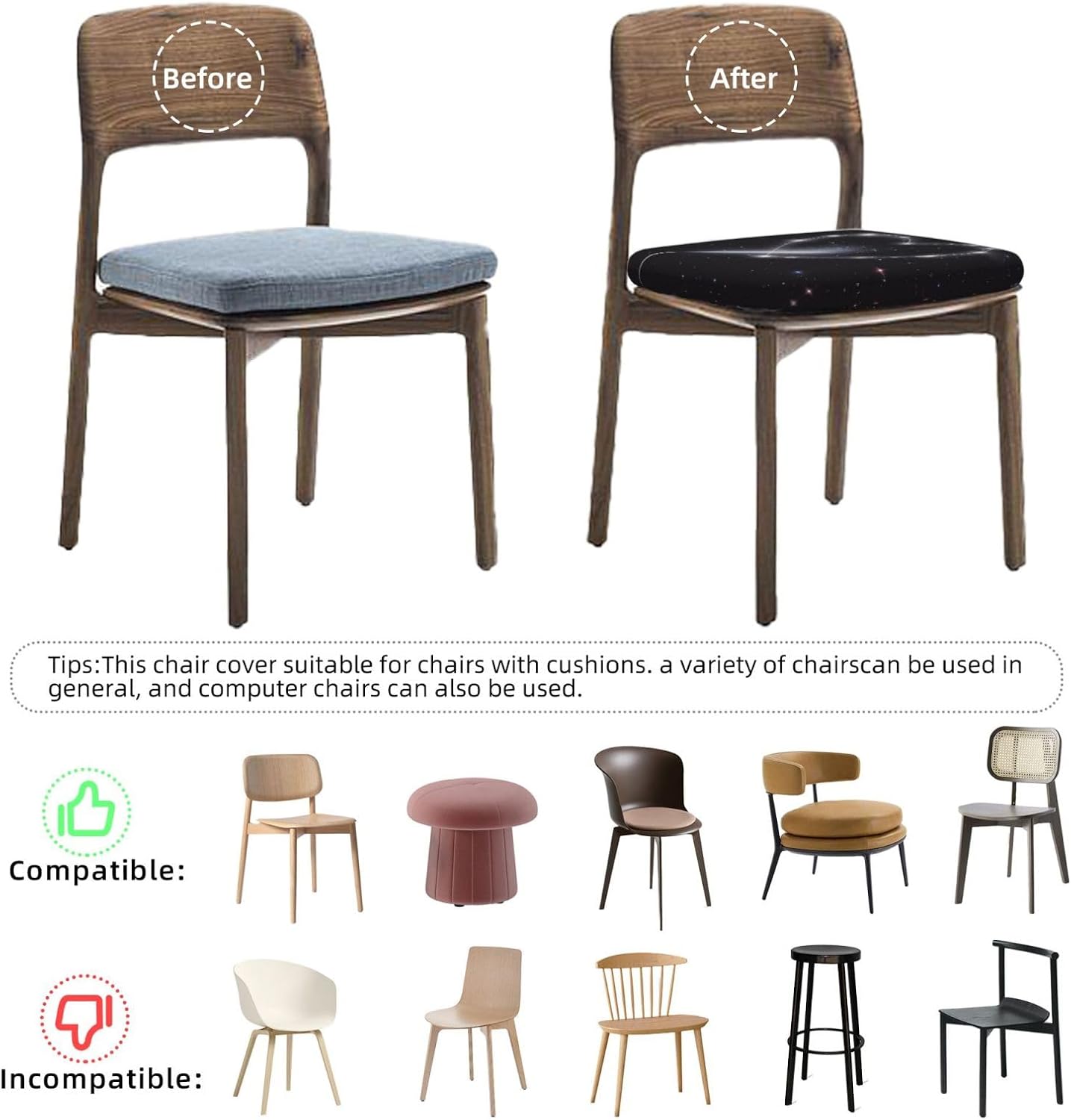 Shooting Star Heart Print Square Cushion Covers 6 Pcs Set Elastic Non-Slip Seat Cushion Slipcovers Pet Furniture Protectors for Chair, Sofa