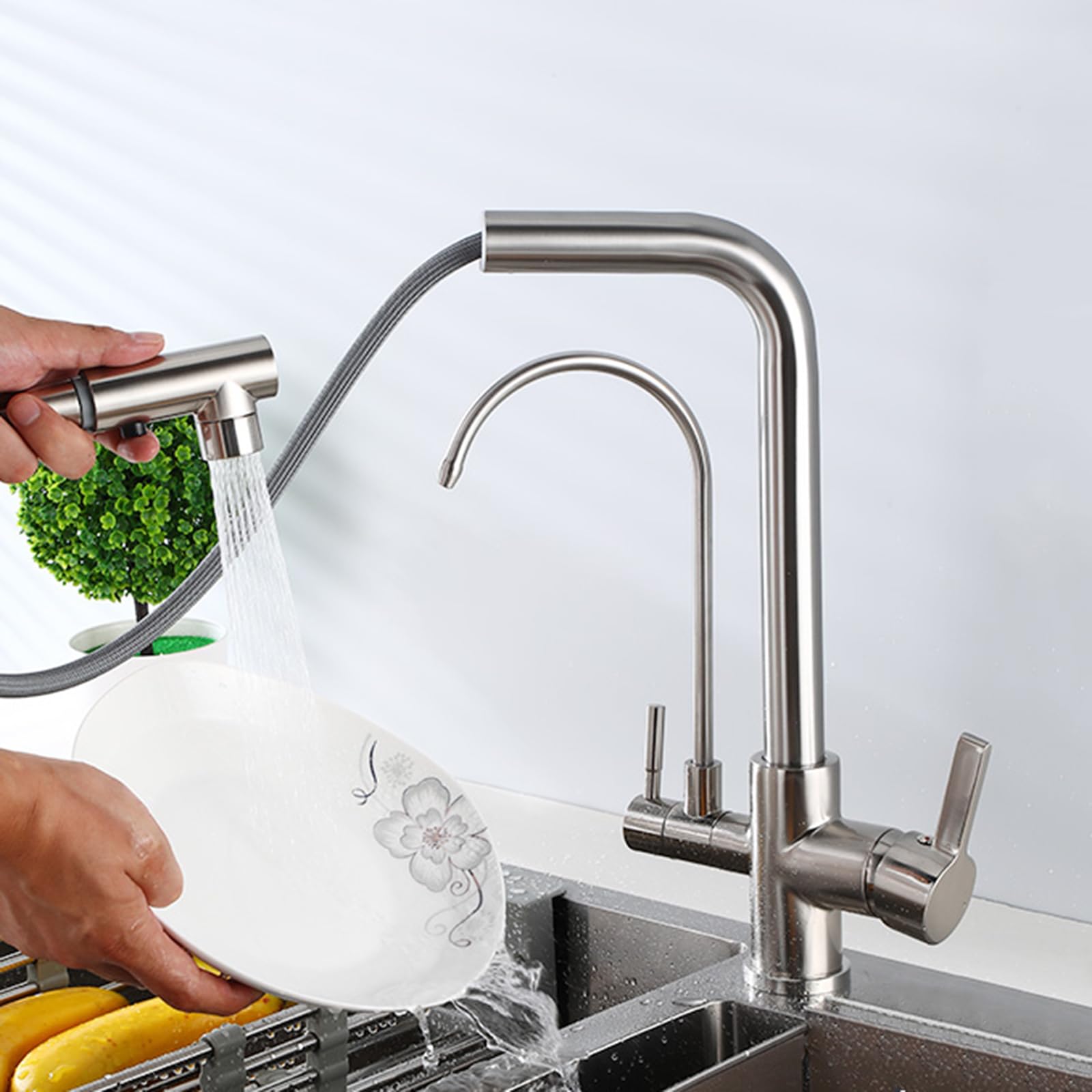 Mitigeur de cuisine avec filtre à eau 3 voies et douchette extractible