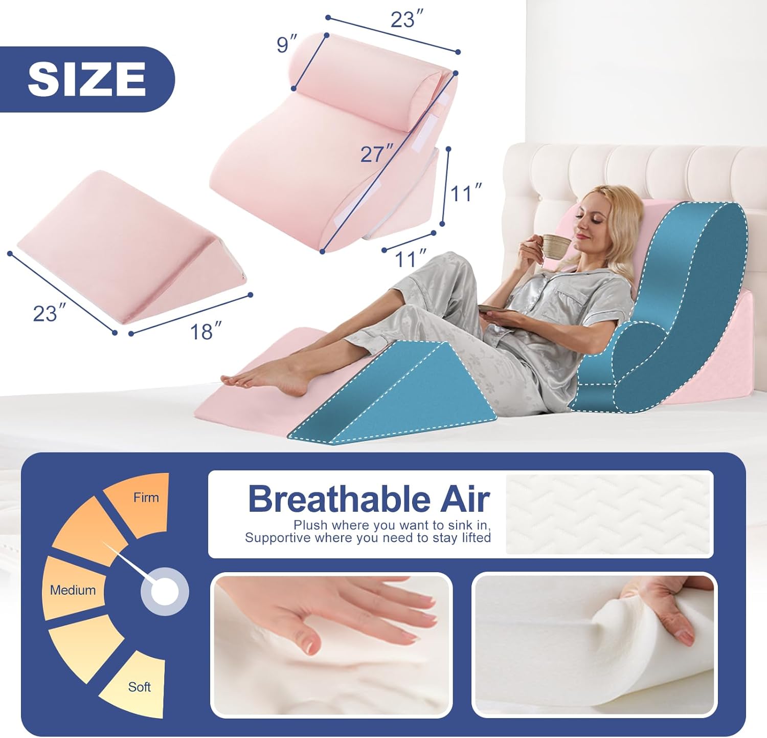 4pcs orthopedic bed wedge pillow set for post surgery recovery - adjustable memory foam support pillows for back/leg/shoulder pain relief, acid reflux & anti snoring sleeping system, pink pink 4 piece set