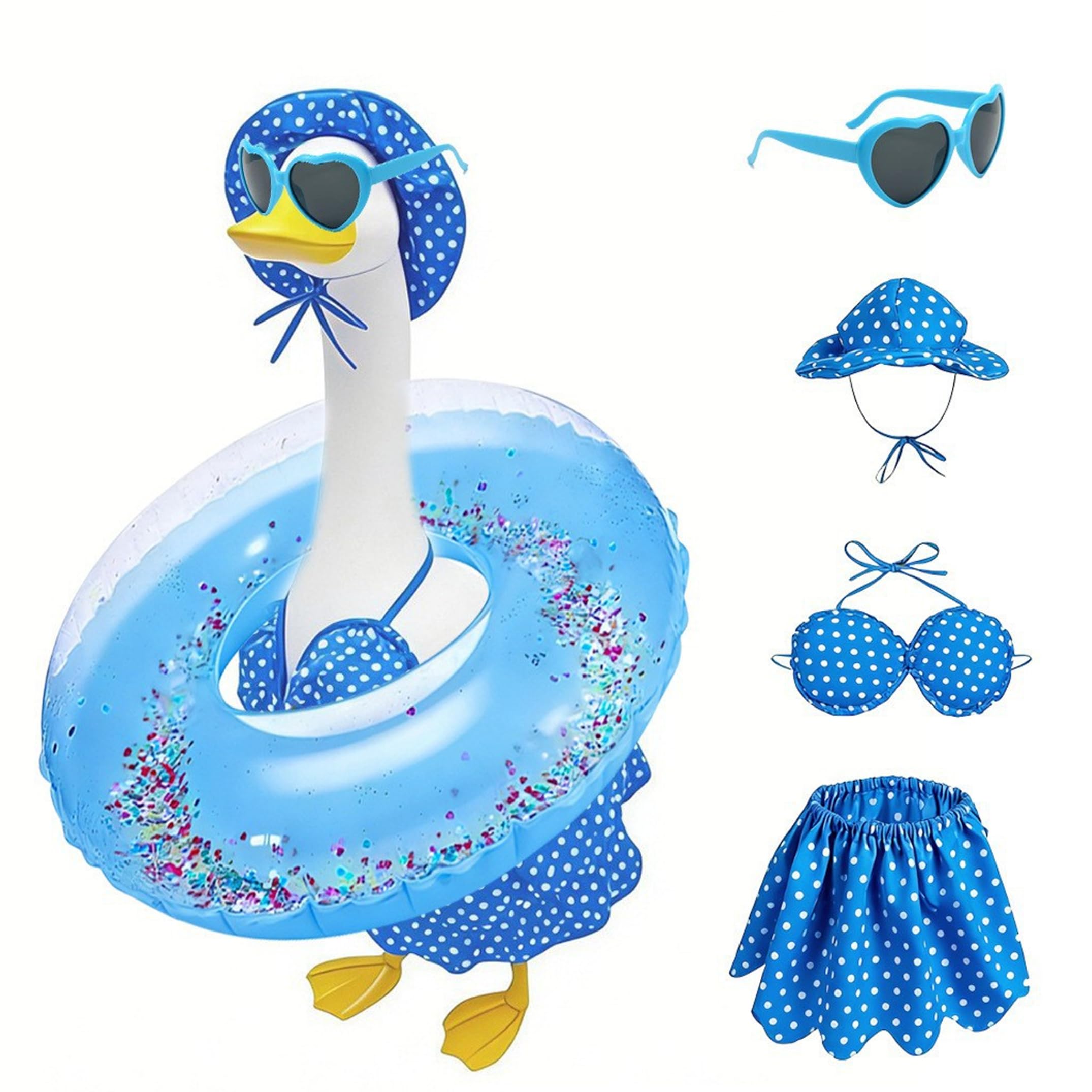 Ameble Hawaiian-Themed Summer Porch Geese Bikini Outfit Set, Beach Decor with Inflatable Glitter Float, Cute Gooses Clothes for Patio, Lawn, Garden, Blue