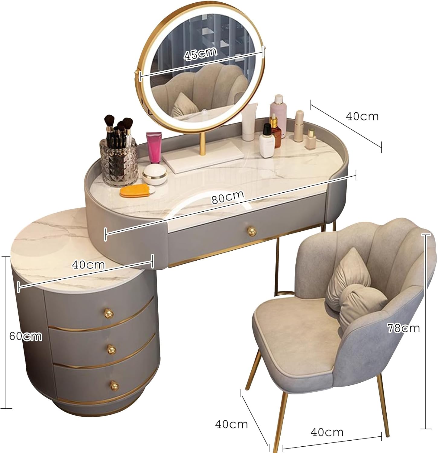 化粧台セット 化粧台 鏡とライト付き 化粧台 収納引き出し付き 椅子とライト付き鏡付き 化粧台セット ホワイト/グレー