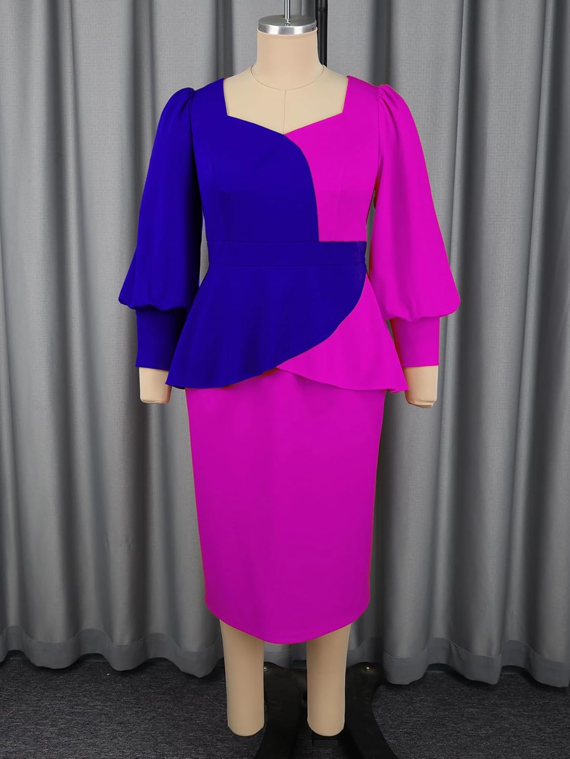 ONTINVA Women's Peplum Bodycon Long Sleeve Wear to Work Dresses Color Block Party Ruffle Formal Cocktail Pencil Dress