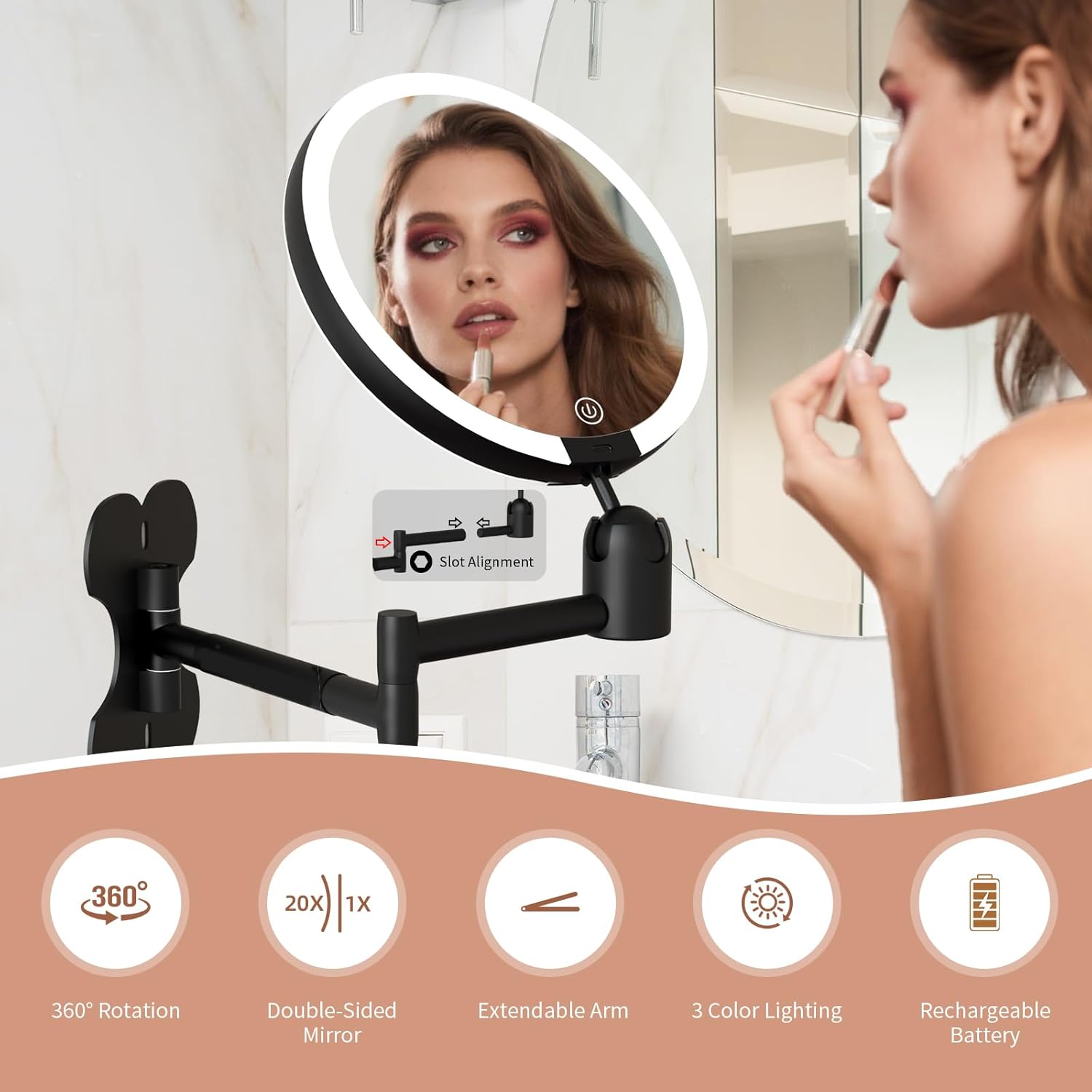 20X/1X Wall Mounted Lighted Makeup Mirror, 6inch Double Sided 1X/20X Magnifying Makeup Mirror with 3 Color Lights, Rechargeable Bathroom 20X Magnification Mirror 360° Rotation Extendable Folding Arm