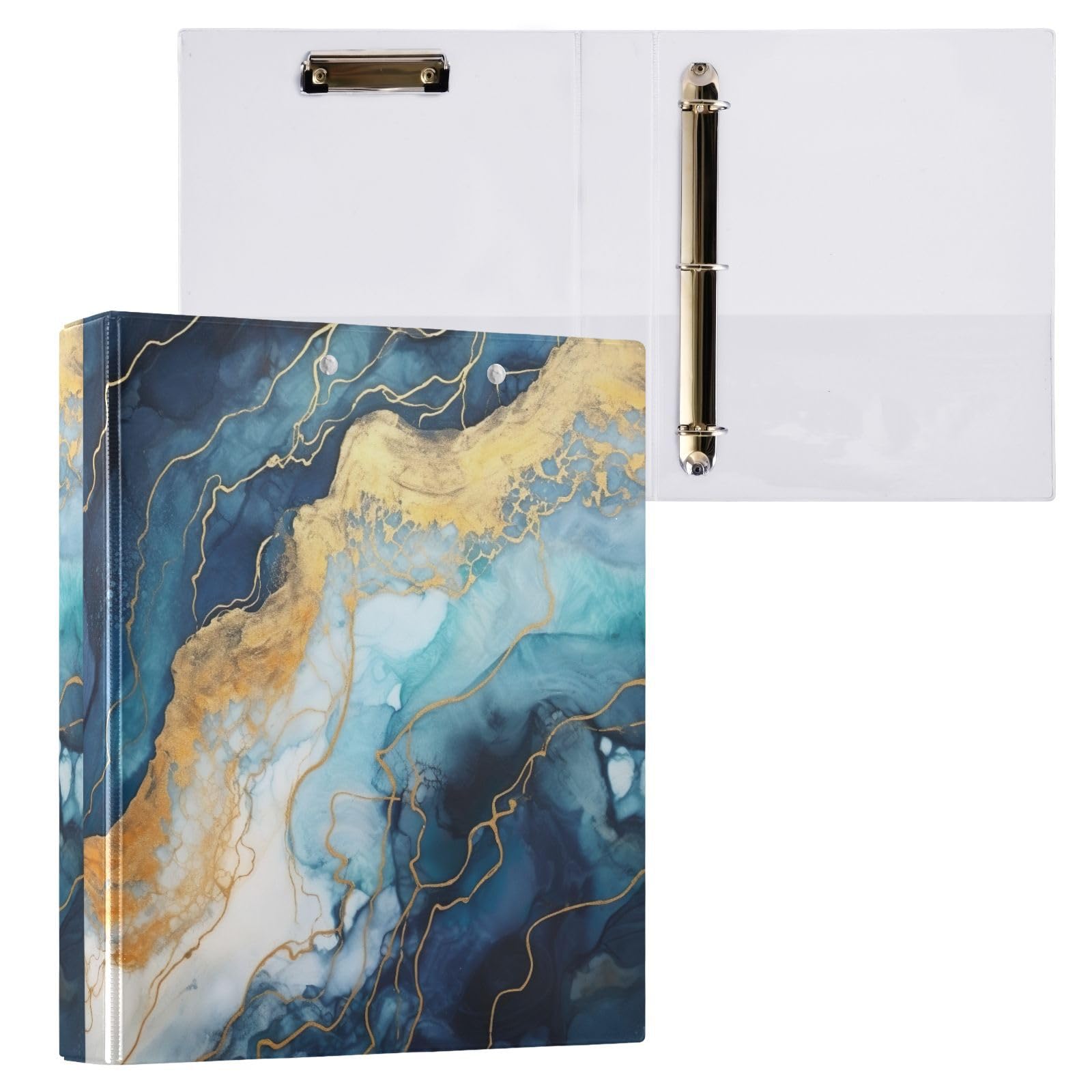 Raccoglitori a 3 anelli da 3,8 cm, colore blu e oro, marmo, rotondi, con clip in metallo, organizer per casa e ufficio, confezione da 2