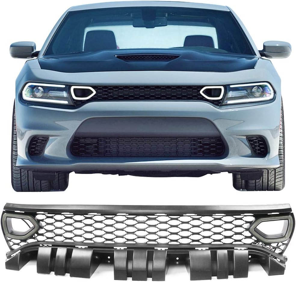 IKON MOTORSPORTS, Grille Compatible With 2015-2023 Dodge Charger SRT/Scat Pack, PP Front Bumper Grille Upper Grill Guards w/Lights