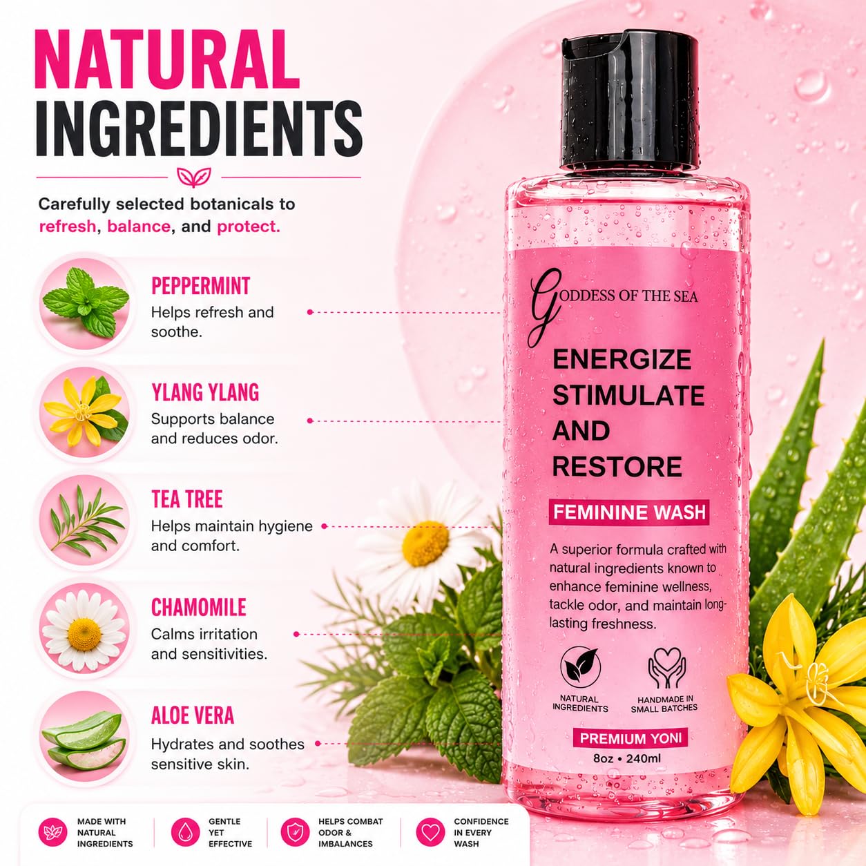 Premium Yoni Feminine Wash – pH Balance Minty Feminine Wash – Natural Ingredients Feminine Care Daily Wash Great for Odor, Discharge, Dryness, BV – 8oz Bottle