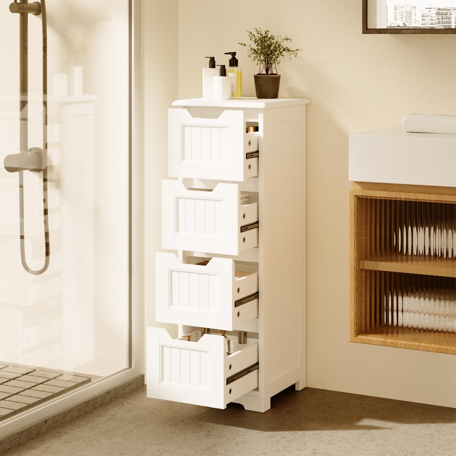 Bealife Armario de Baño con 4 Cajones, Cajonera de Baño, Mueble Estrecho, Adecuado para Dormitorio, Cocina y Salón, Estilo Nórdico Moderno, Blanco (28x28x84cm)