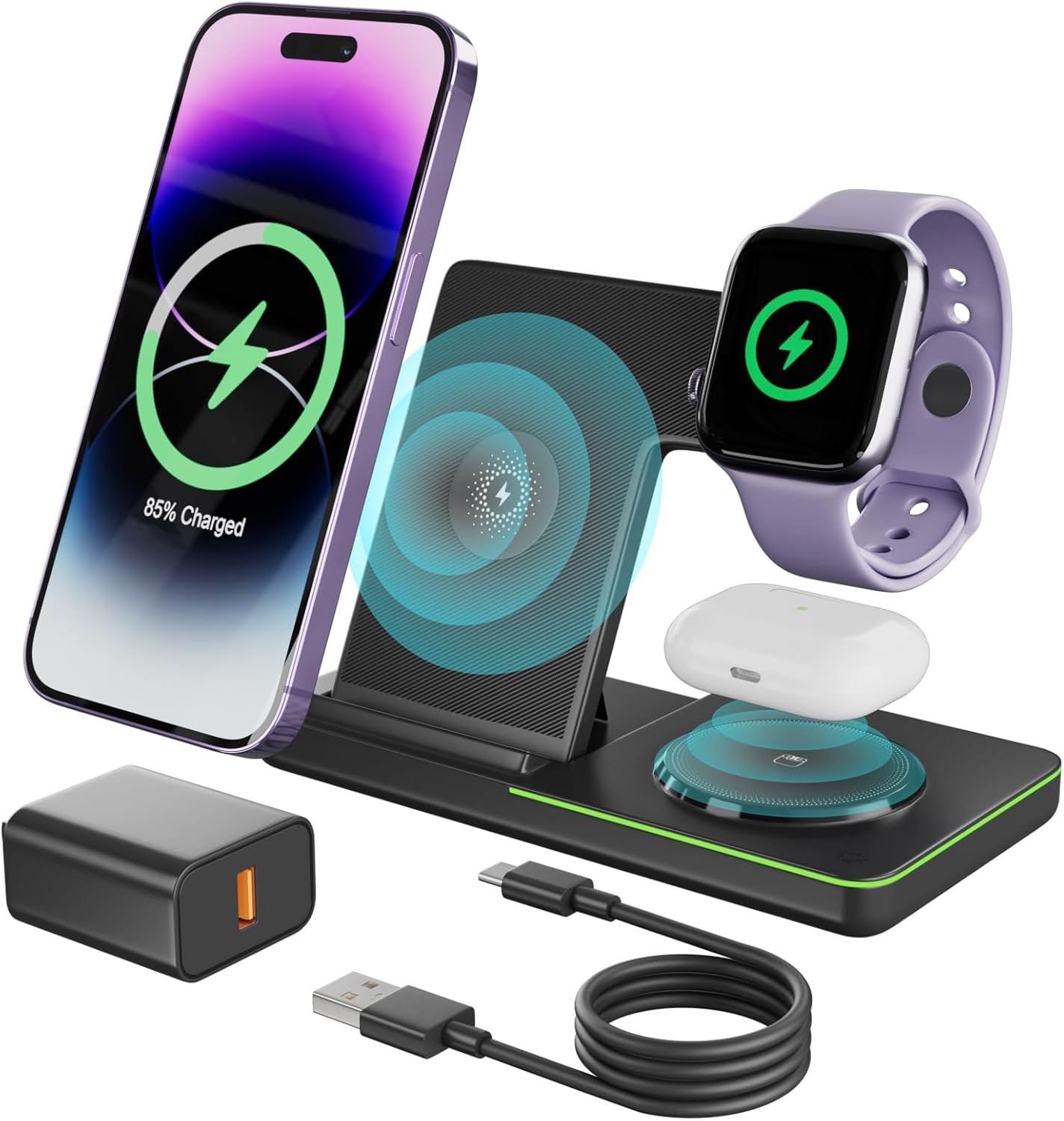 3 in 1 Wireless Charging Station, Electight Foldable Wireless Charger, 18W Fast Charging for iPhone 15/14/13/12/11 Series, Samsung Phones, iWatch 8/7/6/5/SE/4/3/2, AirPods 3/2/Pro (Adapter Included)