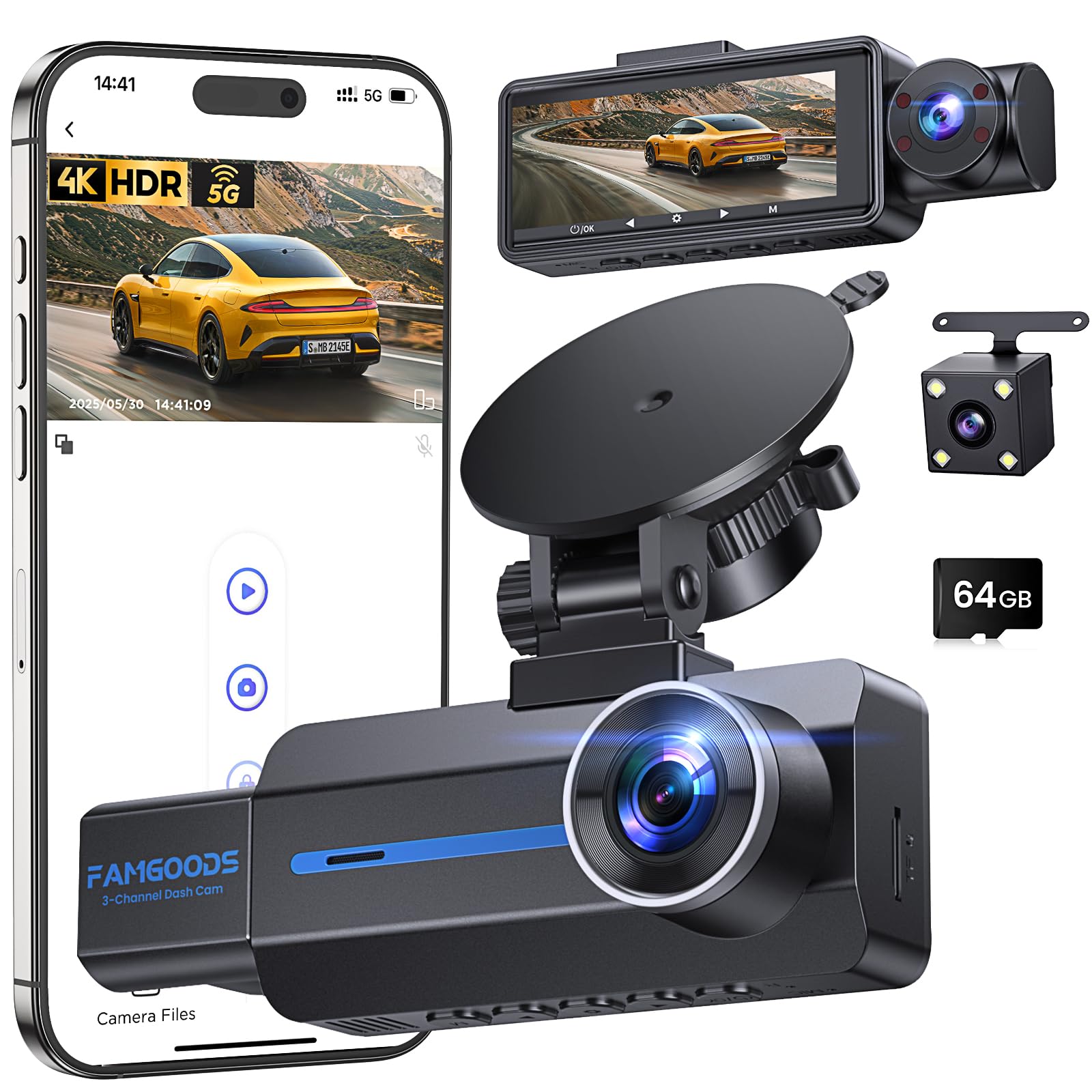 Famgoods Dashcam Frontal 4K, Retro, Interior, Pantalla IPS de 3.16", Tarjeta Gratuita de 64GB, Dash CAM Camara Coche WiFi inalámbrico de 5GHz, App, Super Visión Nocturna, Sensor G, Grabación en Bucle