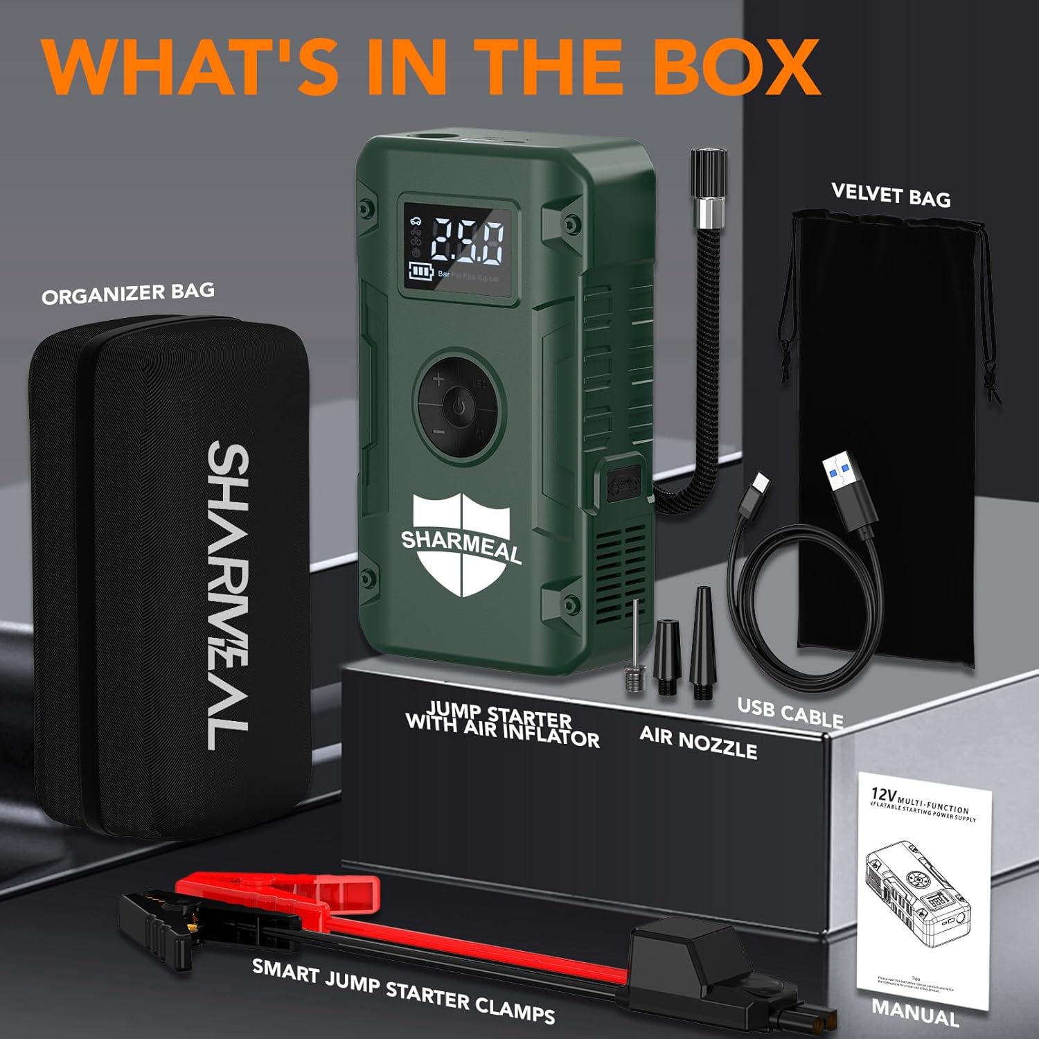 Contents of the Sharmeal Jump Starter package, including the main unit, smart jumper clamps, air hose, various nozzles, USB-C charging cable, user manual, organizer bag, and velvet bag.