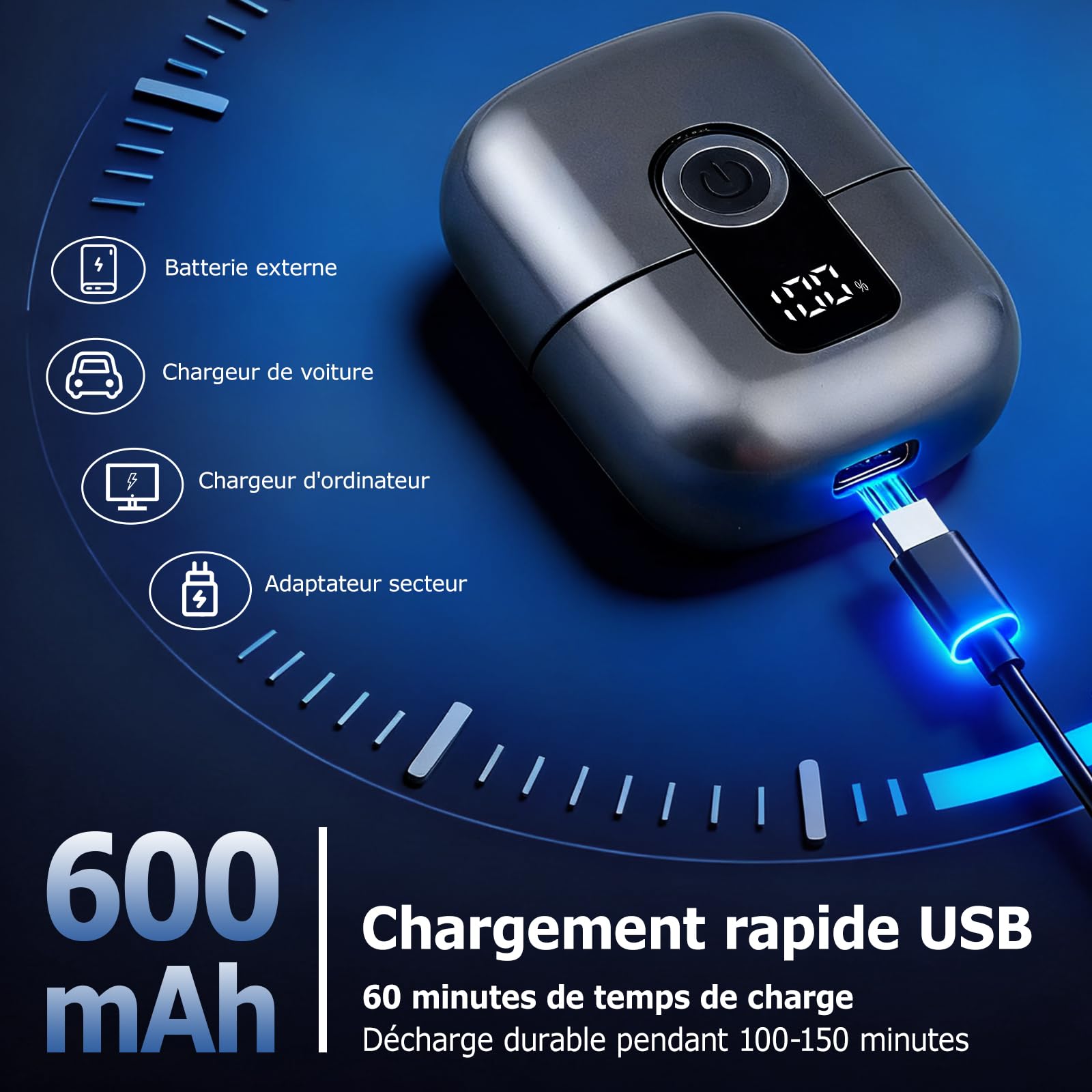 Mini Rasoir Électrique Homme - Rasoir de Voyage Étanche IPX6 avec Écran LED, USB-C Rapide, Double Tête, Silencieux & Portable - Gris