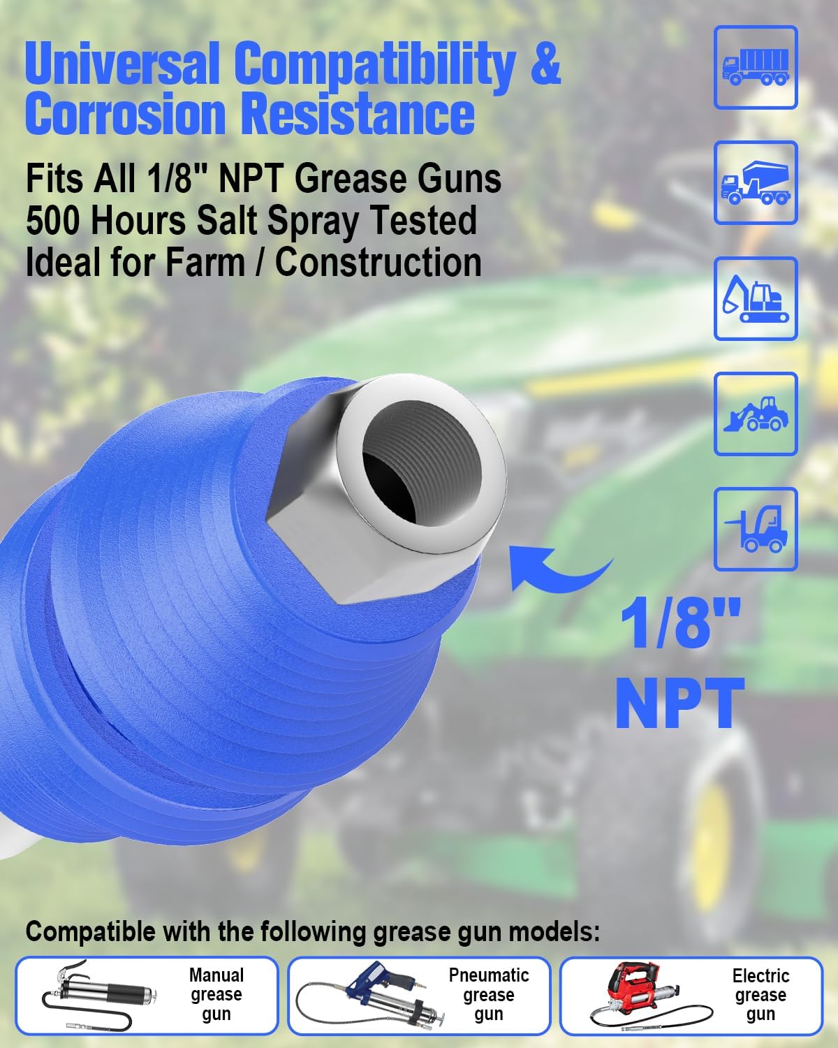 2 Grease Gun Tips 12000 PSI Locking Grease Gun Coupler,Heavy Duty 6-Jaw Blue Grease Fittings for Agricultural Tractors Combines, Deep Reach for Recessed Zerk Fittings 1/8" NPT Compatible