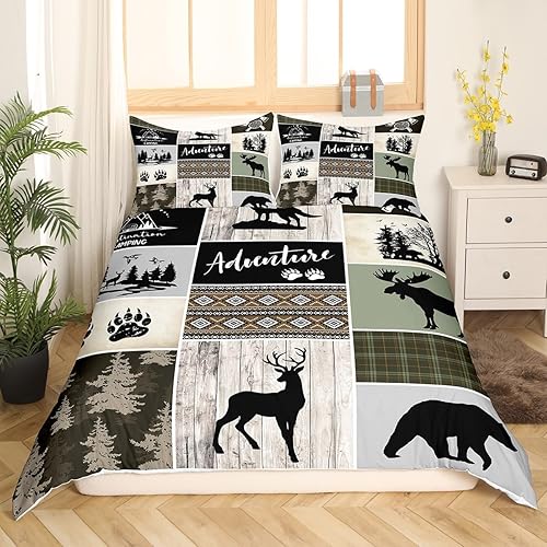Miniatura 2 de Juego de funda de edredón para niños de aventura de camping, tamaño matrimonial, juego de ropa de cama de caza de ciervos, osos, lobo, animales y
