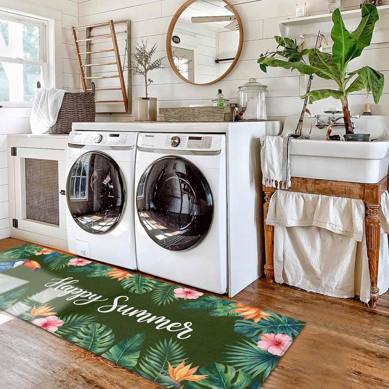 Kitchen Mats for Floor Summer Flower Monstera Leaf Washable Non Slip Kitchen Rugs 2PCS, Tropical Blossom Floral Leaves Absorbent Standing Mats for Sink Office Living Room 15.7x23.6in+15.7x47.2in