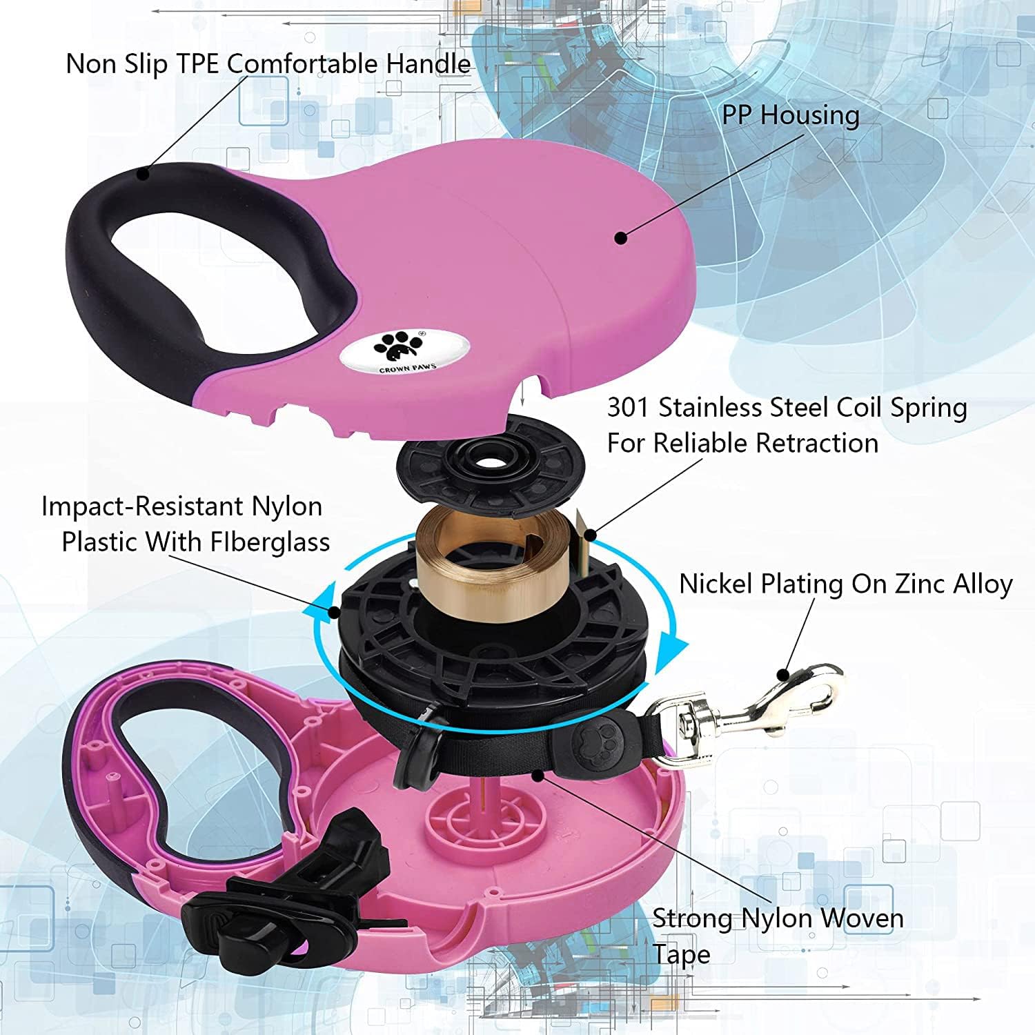 16 ft Retractable Dog Leash for Large Dogs up to 110 lbs,Tangle-Free Nylon Tape,Pink L