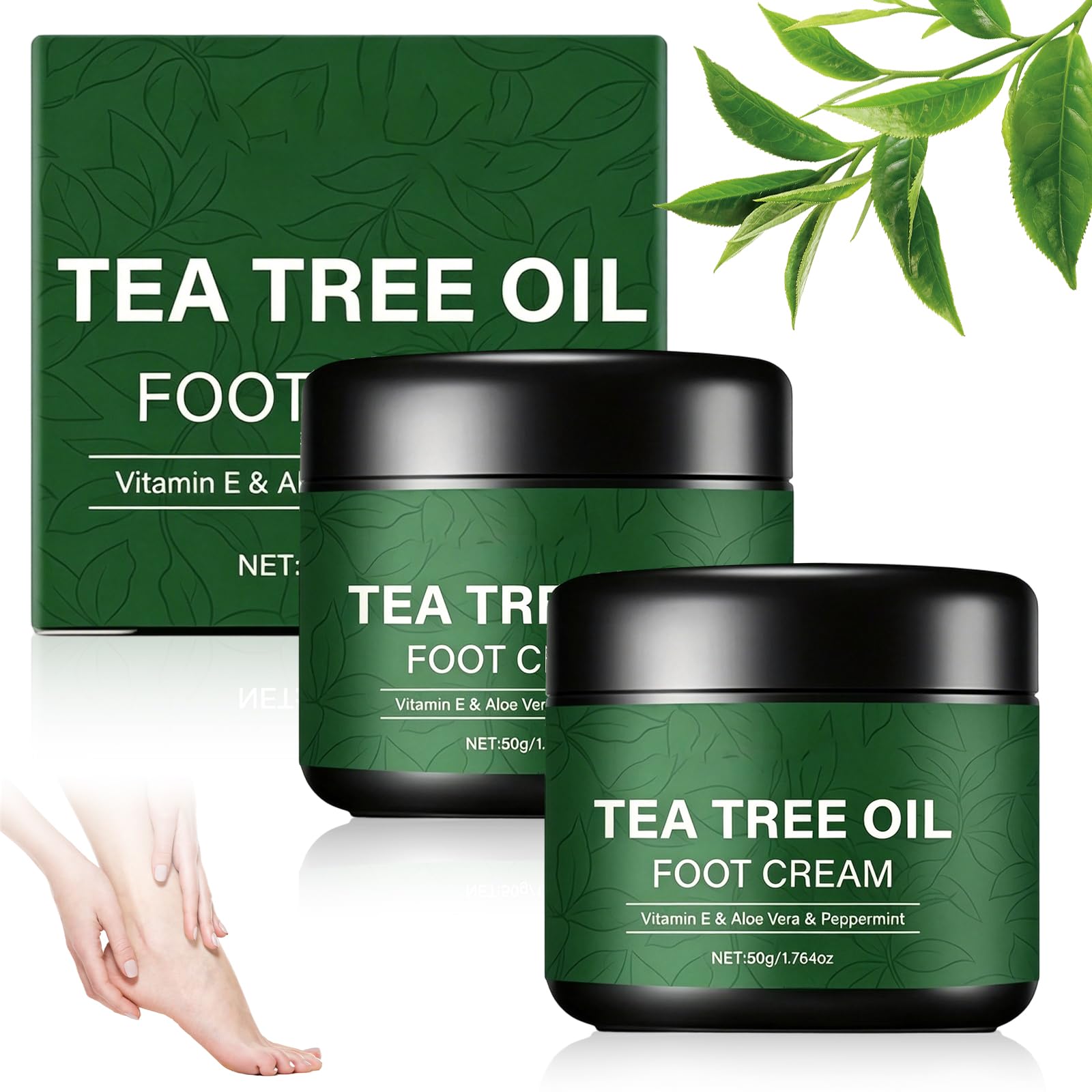 2Pcs Pure Tea Tree Oil Foot Cream with Vitamin E, Aloe Vera & Peppermint, Nourishing & Hydrating, for Dry Cracked Feet, Hands, Heels, Elbow, Nails, and Knees, Smooth Application-50g/1.764oz