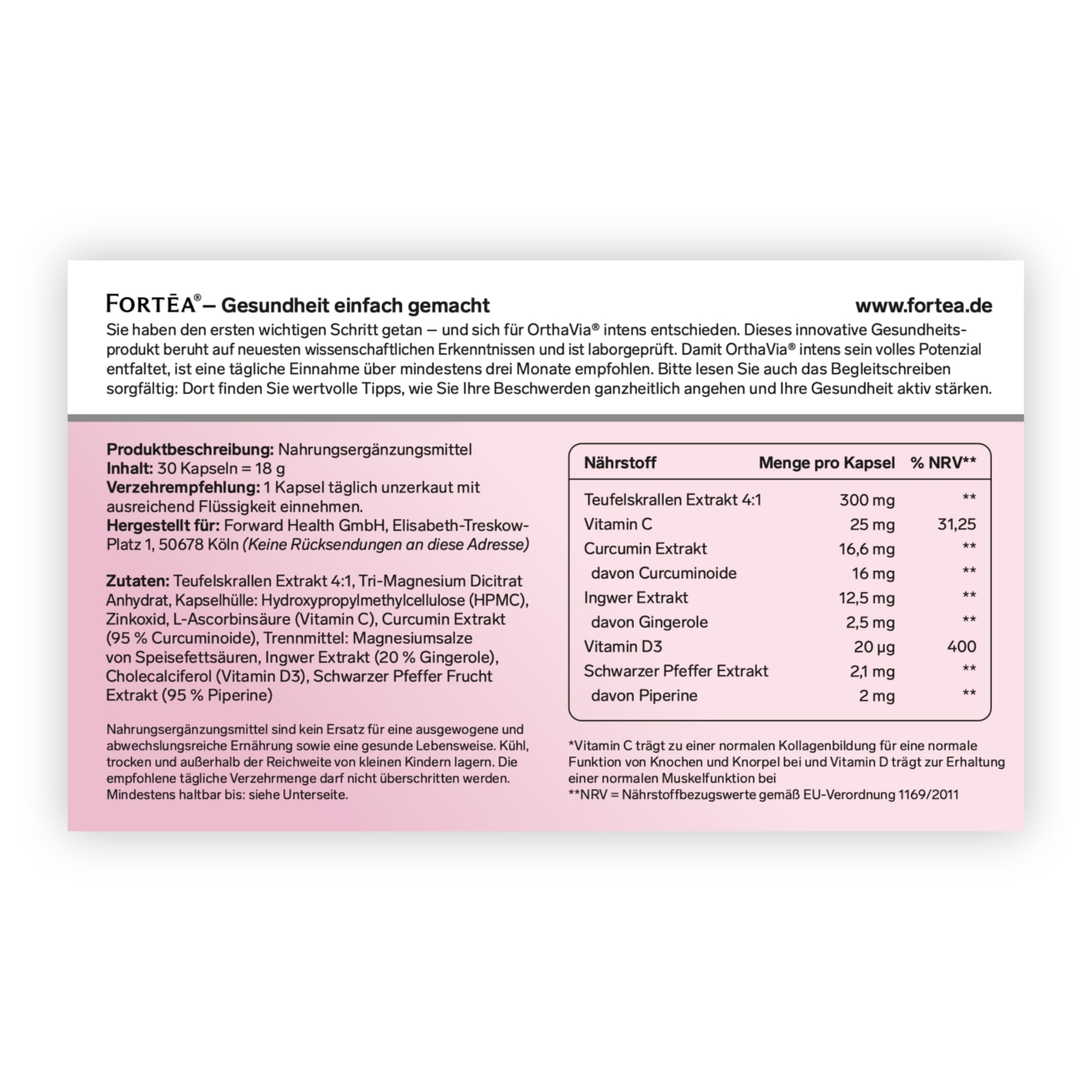 FORTEA® - Gelenk Kapseln in Apothekenqualität - OrthaVia - Unterstützung für Gelenke & Rückenfunktion - Komplex für Gelenke, Knochen & Muskeln mit u.a Magnesium & Zink - 30 Stück