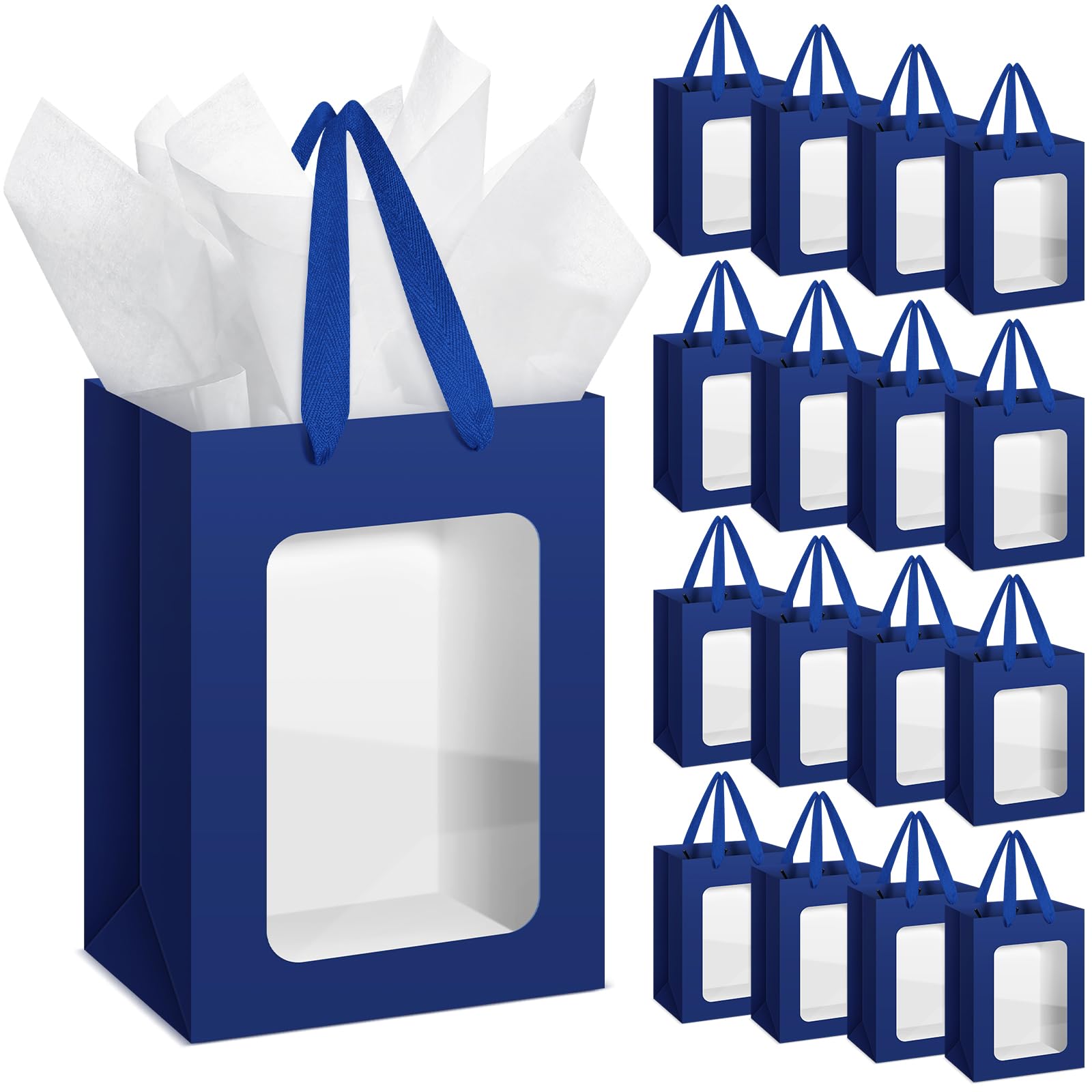 Zhanmai 36 Pcs Kraft Clear Gift Bags with Tissue Paper, Paper Gift Bags with Transparent Window with Handles for Business, Shopping, Wedding, Baby Shower, Party Favors (Blue)