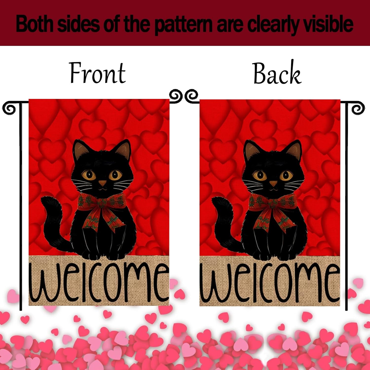Valentines Day Welcome Garden Flag Black Cat Love Hearts Flag 12x18 Inch Outside Double Sided, Anniversary Love Heart Rustic Yard Outdoor Decoration - Image 3