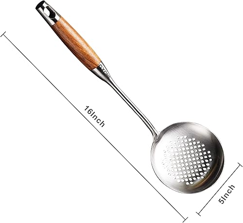 Vista 26 de Cucharón de sopa, cucharón de cocina de acero inoxidable 304, herramientas para wok con mango largo de madera, resistente al calor, plata/14.6