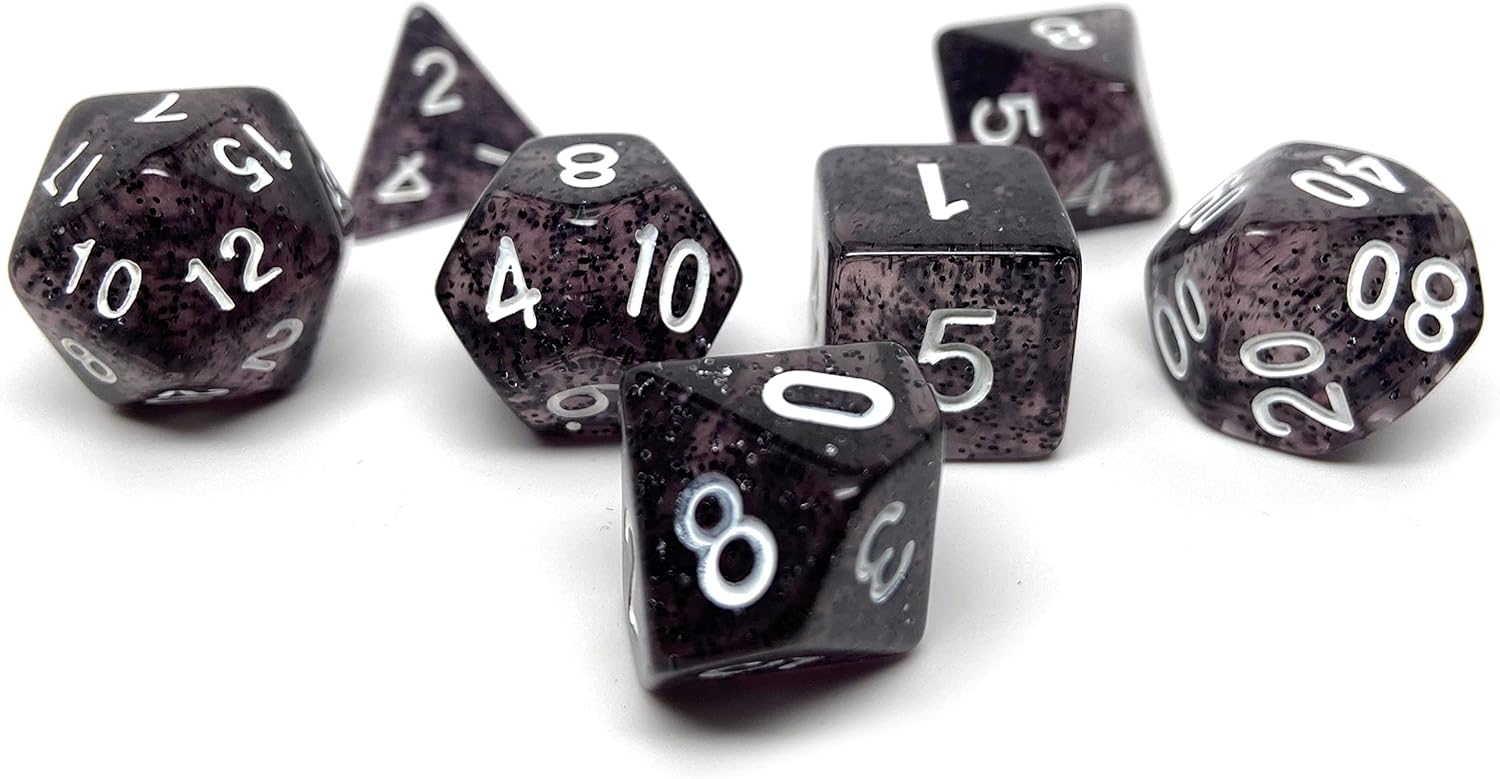 Glitter and Sparkle Polyhedral Dice Set - 7 Piece Dice Set with One D20, D12, D10, D8, D6, D4, and D00 (Rose Sparkle with White Font)