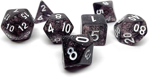 Juego de dados poliédricos Glitter and Sparkle - Juego de 7 piezas con un D20, D12, D10, D8, D6, D4 y D00 (negro brillante con fuente blanca)