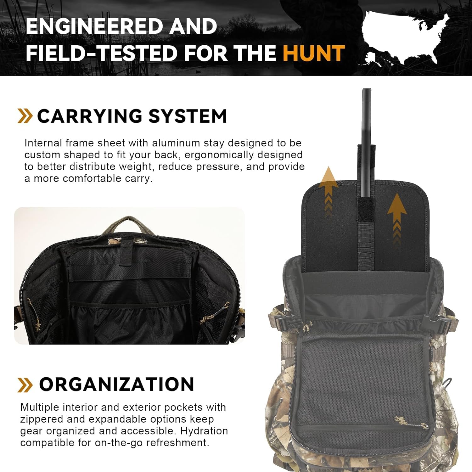 VOTAGOO 30L Jagdrucksack mit Tragesystem für Gewehr und Bogen - Verstellbarer Aluminium-Frame für die Jagd (G2)