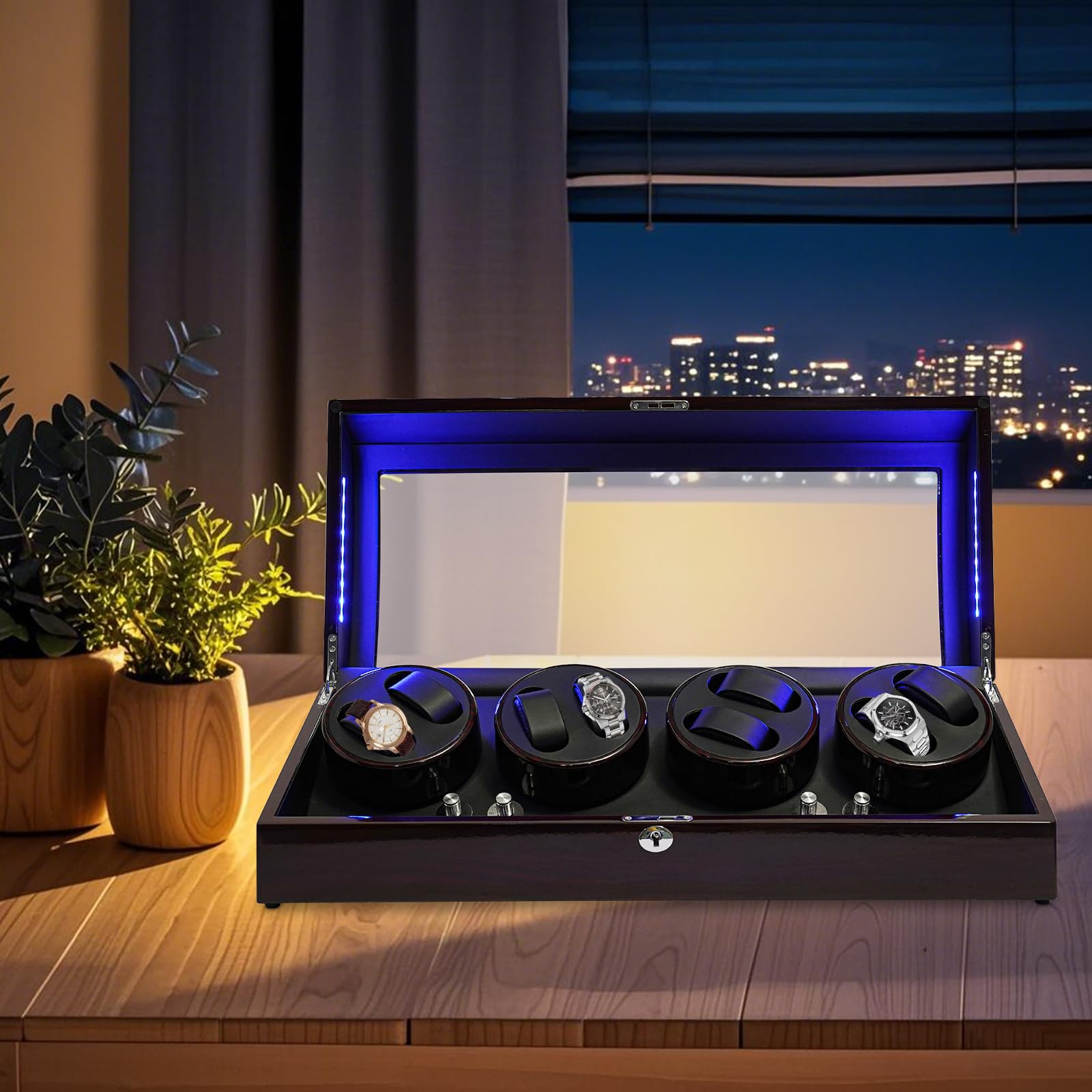AOIDFOA Silent Automatic Watch Winder Display Case - 8 Winders & 9 Storage, Vintage Black Wood Box w/Quiet Motor(10dB), Blue Light, Auto-Stop (17 Watch Capacity)