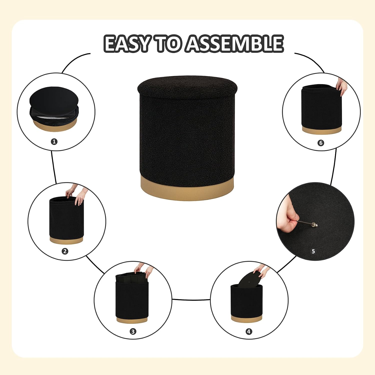 PINPLUS Round Black Boucle Storage Ottoman, 14.7"x14.7"x16.3" – Soft Teddy Footstool with Hidden Storage for Bedroom & Apartment, 220 LBS Capacity