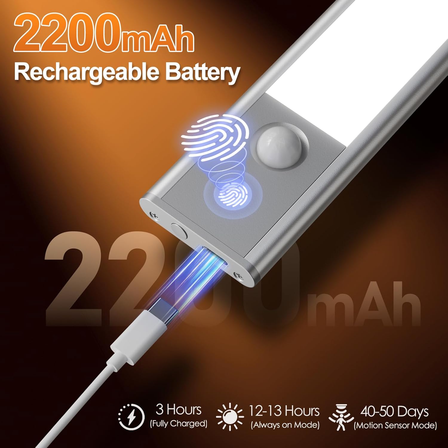 Close-up of the Quntis light showing the USB-C charging port and a charging cable connected, with an indicator light.