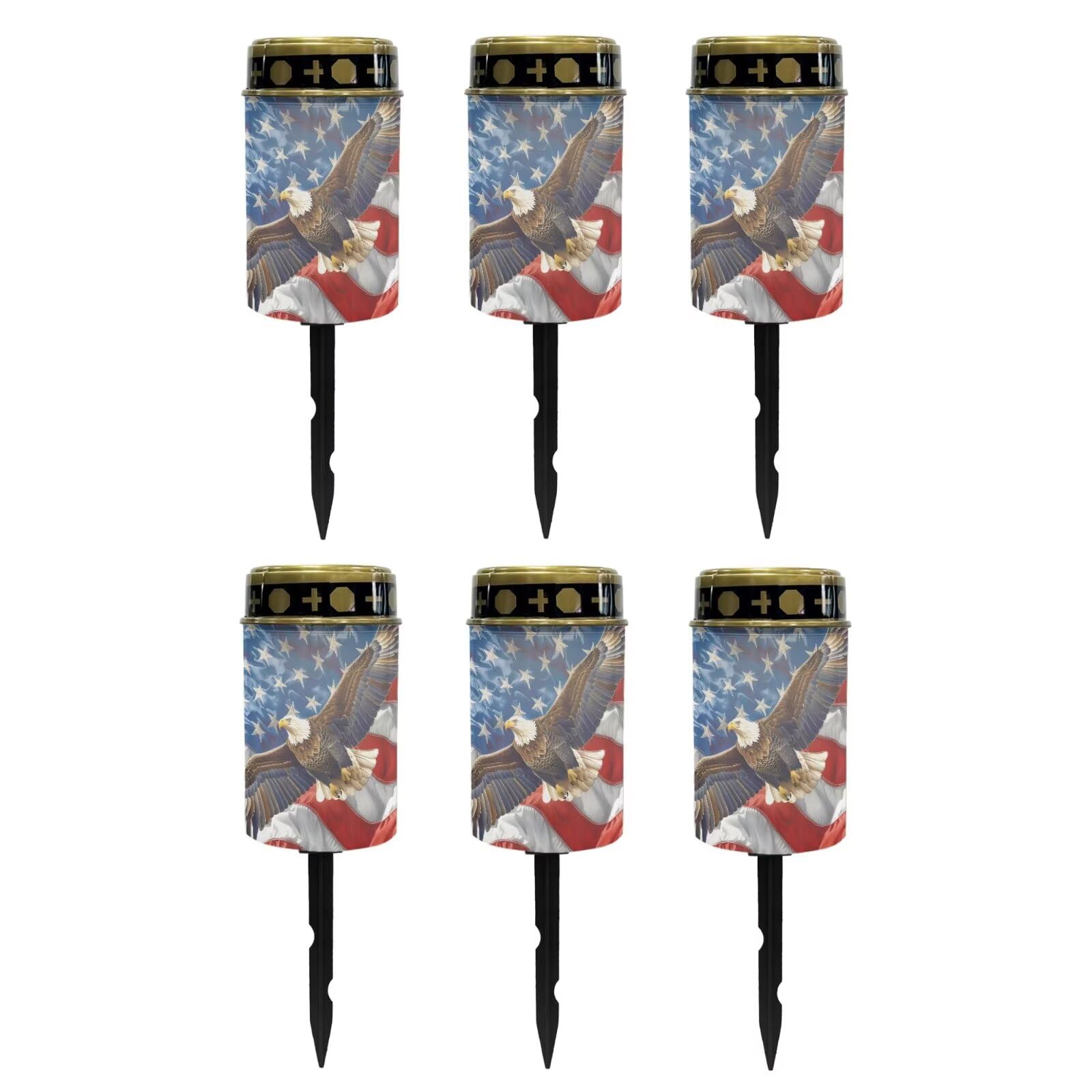Poceacles Eagle American Flag Pattern Solar Lights Outdoor Waterproof Grave Lights for Cemetery LED Flameless Candle Cemetery Solar Pillar Candles Outdoor Decor, 6 Piece