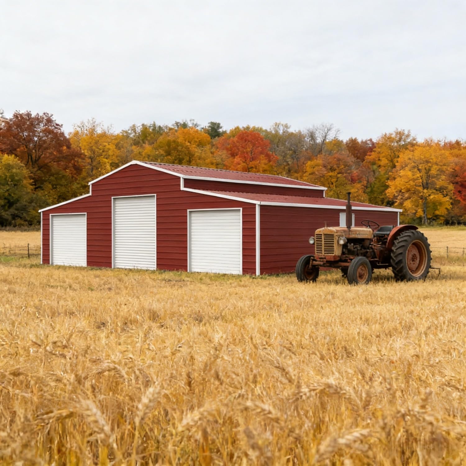 42×30FT Brown Metal Storage Shed & Barn Garage, Heavy-Duty 14-Gauge Steel Building with Roller Doors, 26-Gauge Galvanized Powder-Coated Outdoor Shelter for RV, Tractor, Boat & Farm Tools, Large