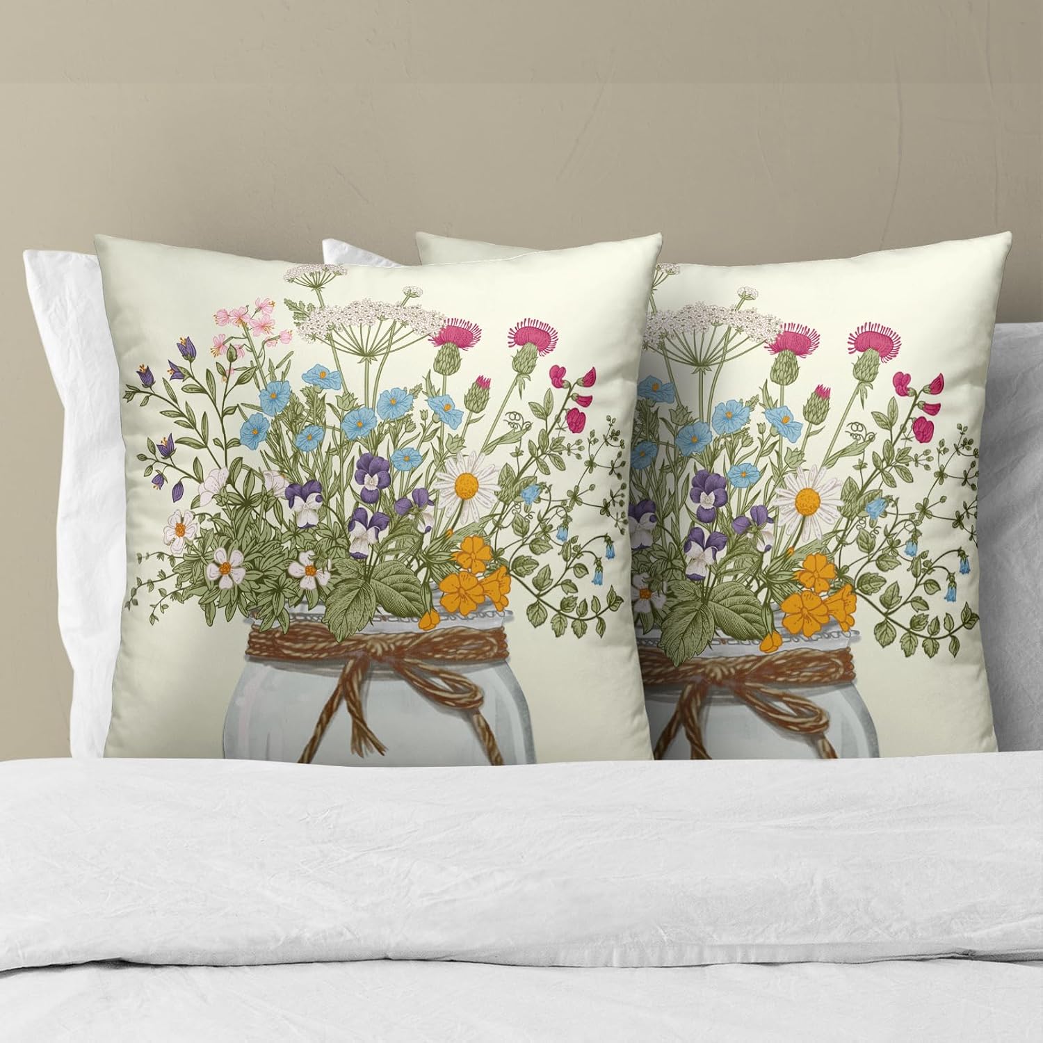 Wildflower Vase Throw Pillow Cover Set of 2, Floral Bouquet Summer Nature Flowers Cotton Linen Square Cushion Case for for Sofa Couch Bedroom Car Home Decor 20x20 Inch image 3