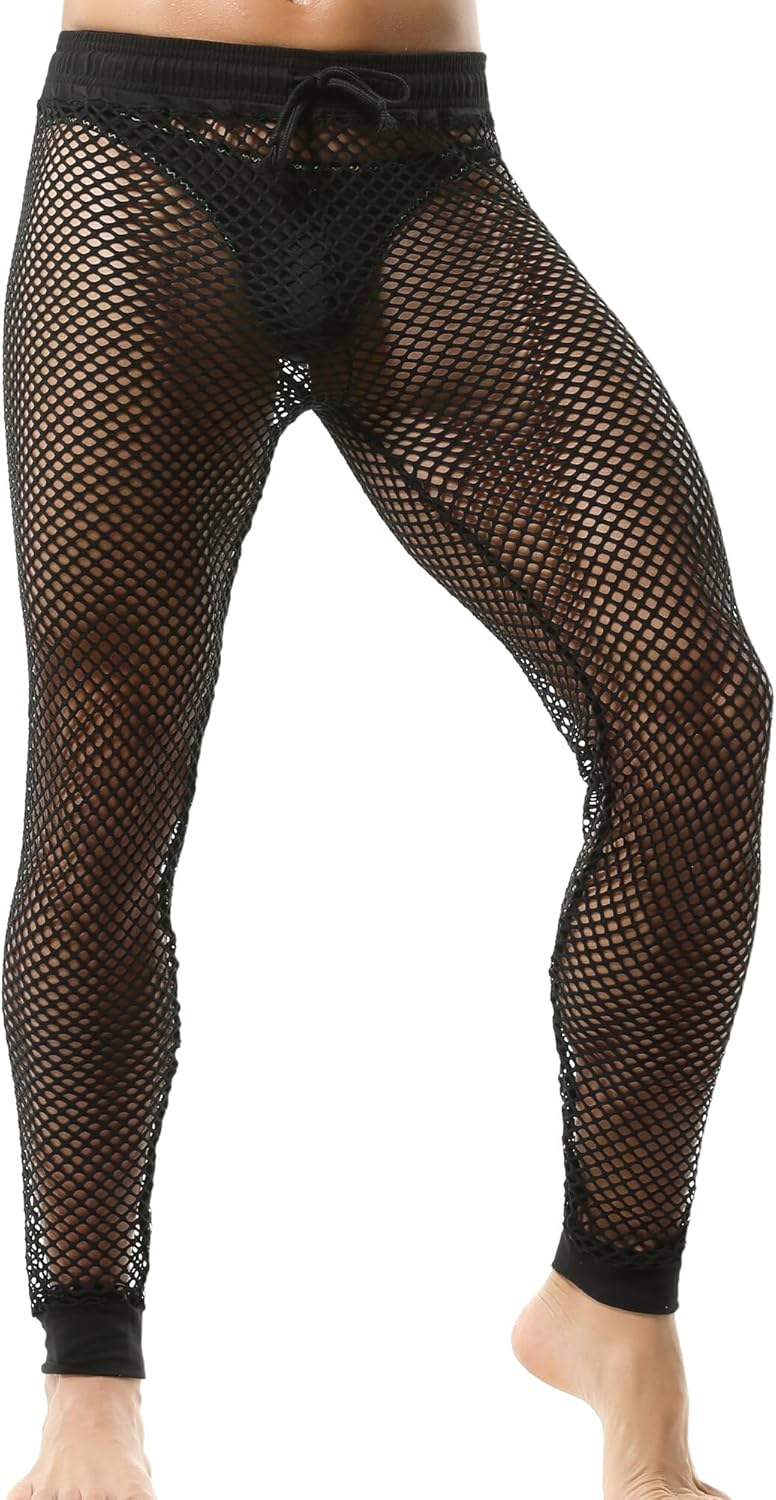 FEOYA Men’s Mesh Fishnet Pants See Through Muscle Leggings Hollow Out Bottoms Drawstring Lounge Pajamas Underpants