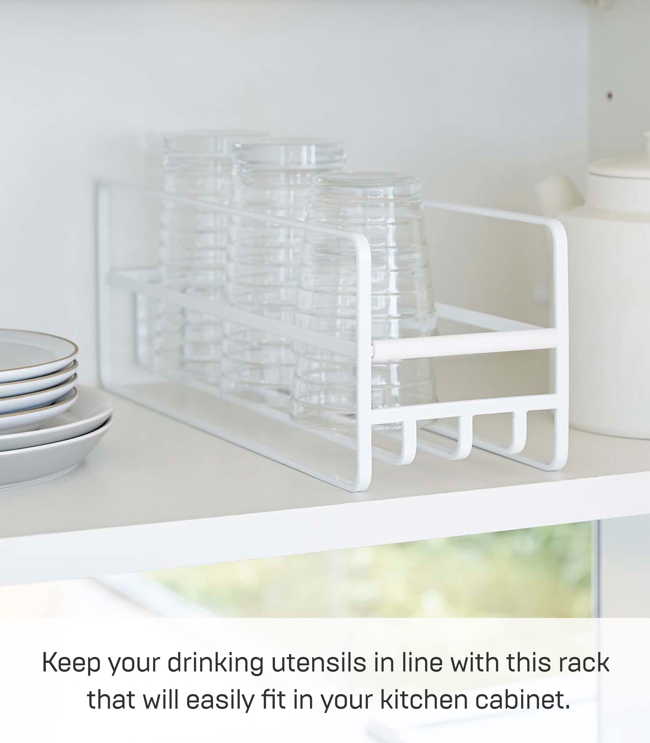 Yamazaki Home Tower Glass and Mug Cabinet Organizer, Coffee Cup Holder for Kitchen, Glass and Bottle Stand for Drawer, Metal with Silicone Handle - Steel -