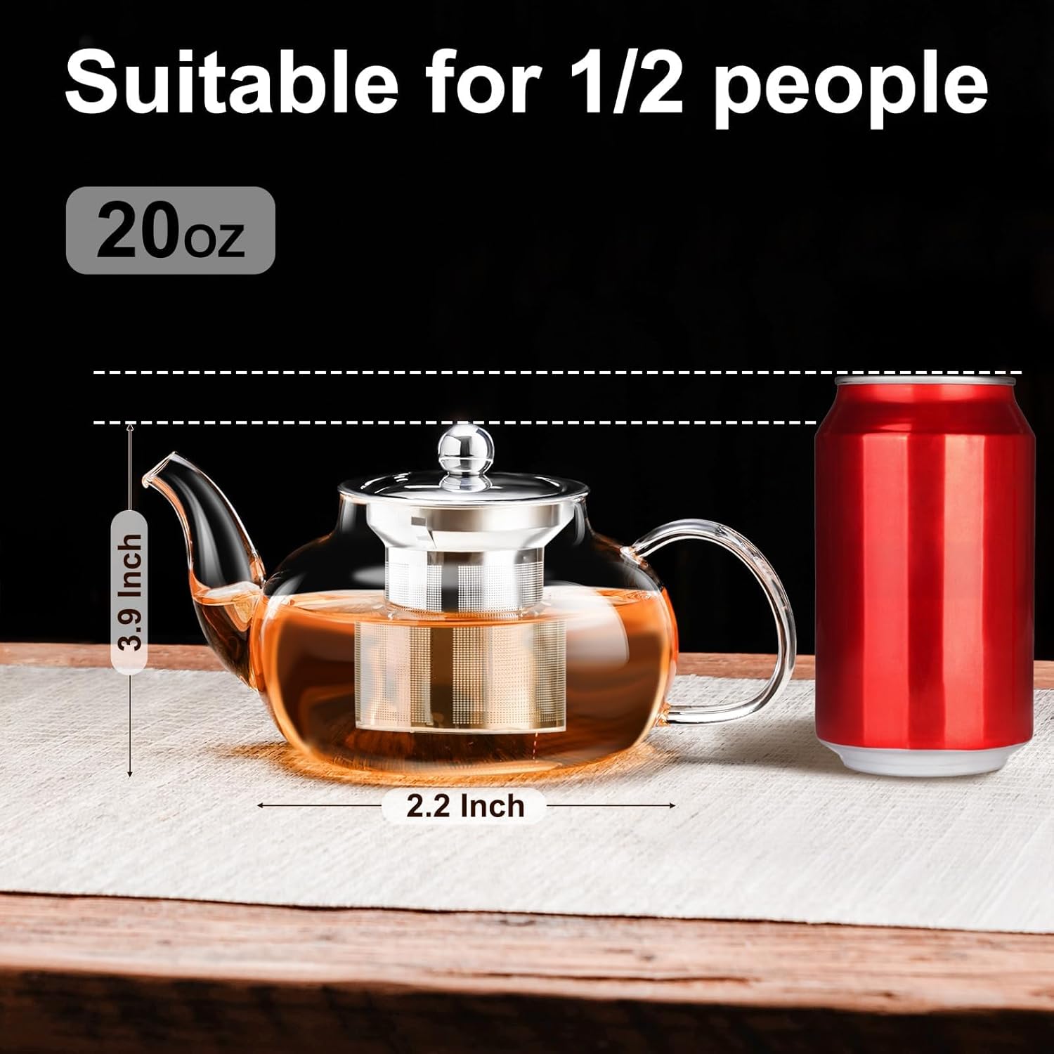 PARACITY Glass Teapot Stovetop 20 OZ/600ml, Tea pot with Removable 18/8 Stainless Steel Infuser, Borosilicate Clear Tea Kettle, Teapot Blooming and Loose Leaf Tea Maker Tea Brewer for Camping, Travel - Image 2