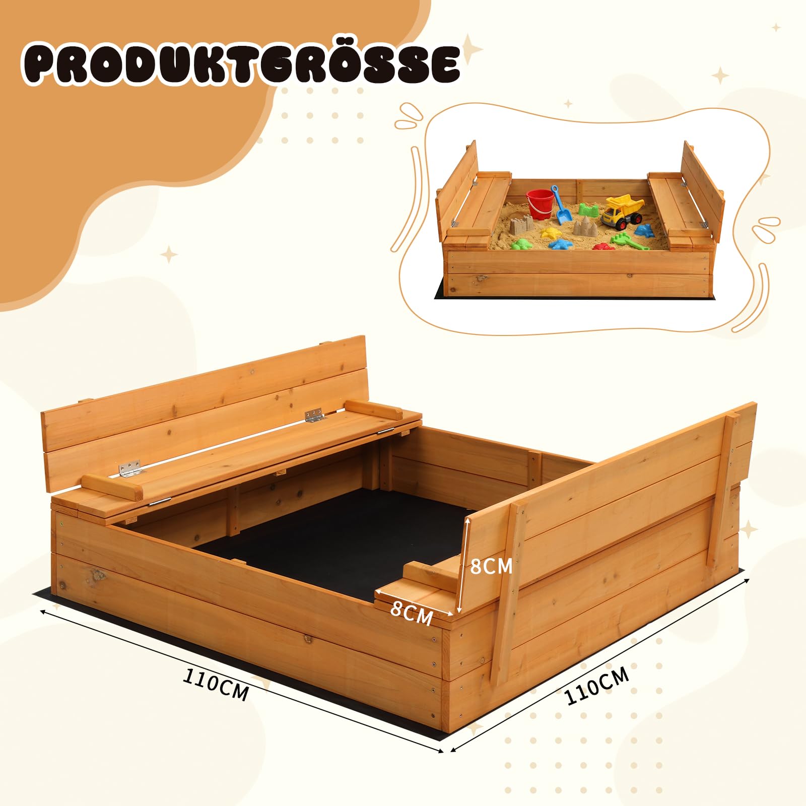 LEADZM Arenero de madera para niños con banco y cubierta, dimensiones 110 x 110 x 21 cm, gran caja de arena para exteriores, para jardín, playa y parque, para niños de 3 a 12 años