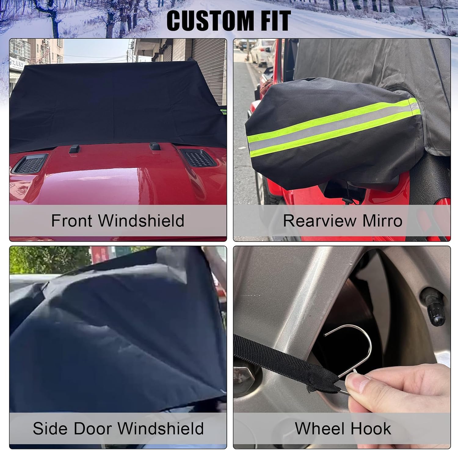 SUNPIE Jeep Windshield Sunshade Cover Compatible with 2018-2024 Wrangler JL Gladiator JT to Remove Frost Windshield Snow Cover with Side Mirror Cover Waterproof