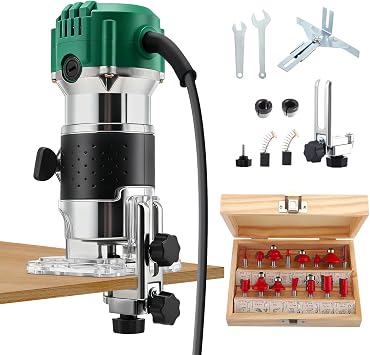 800W Electric Palm Router Tool, Professional Wood Trimmer with Metal Base, 6 Variable Speeds 33000RPM Power Router with 15PCS 1/4" Router Bits Set & 2 Collets 6.0mm/6.35mm Gear Cover -Green
