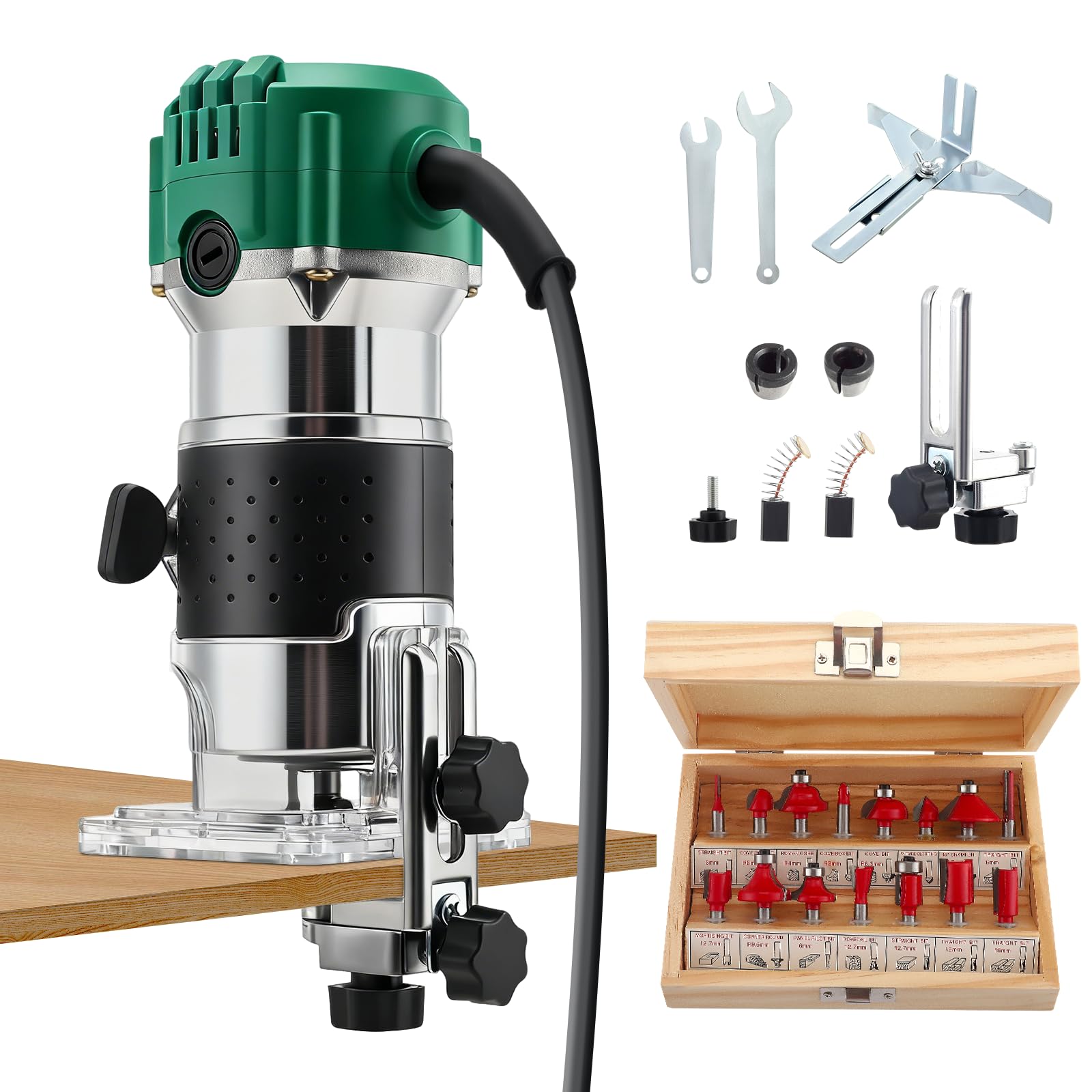 800W Electric Palm Router Tool, Professional Wood Trimmer with Metal Base, 6 Variable Speeds 33000RPM Power Router with 15PCS 1/4" Router Bits Set & 2 Collets (6.0mm/6.35mm) (Gear Cover -Green)