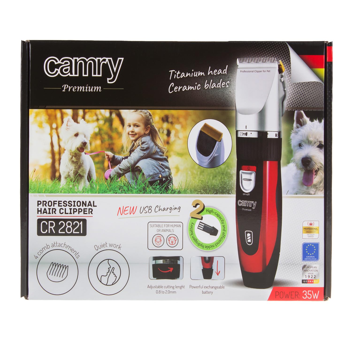Camry CR 2821 Cortapelos para Mascotas, Perros, Gatos, Profesional, cabezal titanio, cuhillas cerámicas, inalámbrica 2 x bateria recargable, bajo Ruido y Vibración, 4 Peines para Pelo Rizado, Ondulado, Largo de Animales, 35W